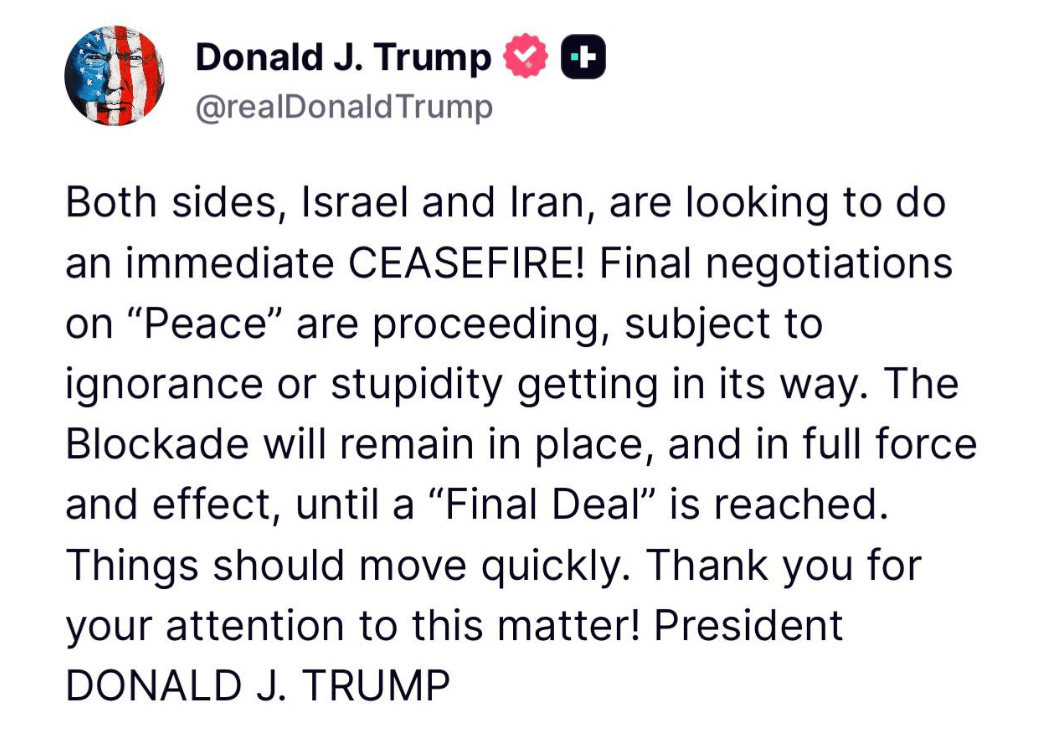 Trump: Israel and Iran want an immediate ceasefire