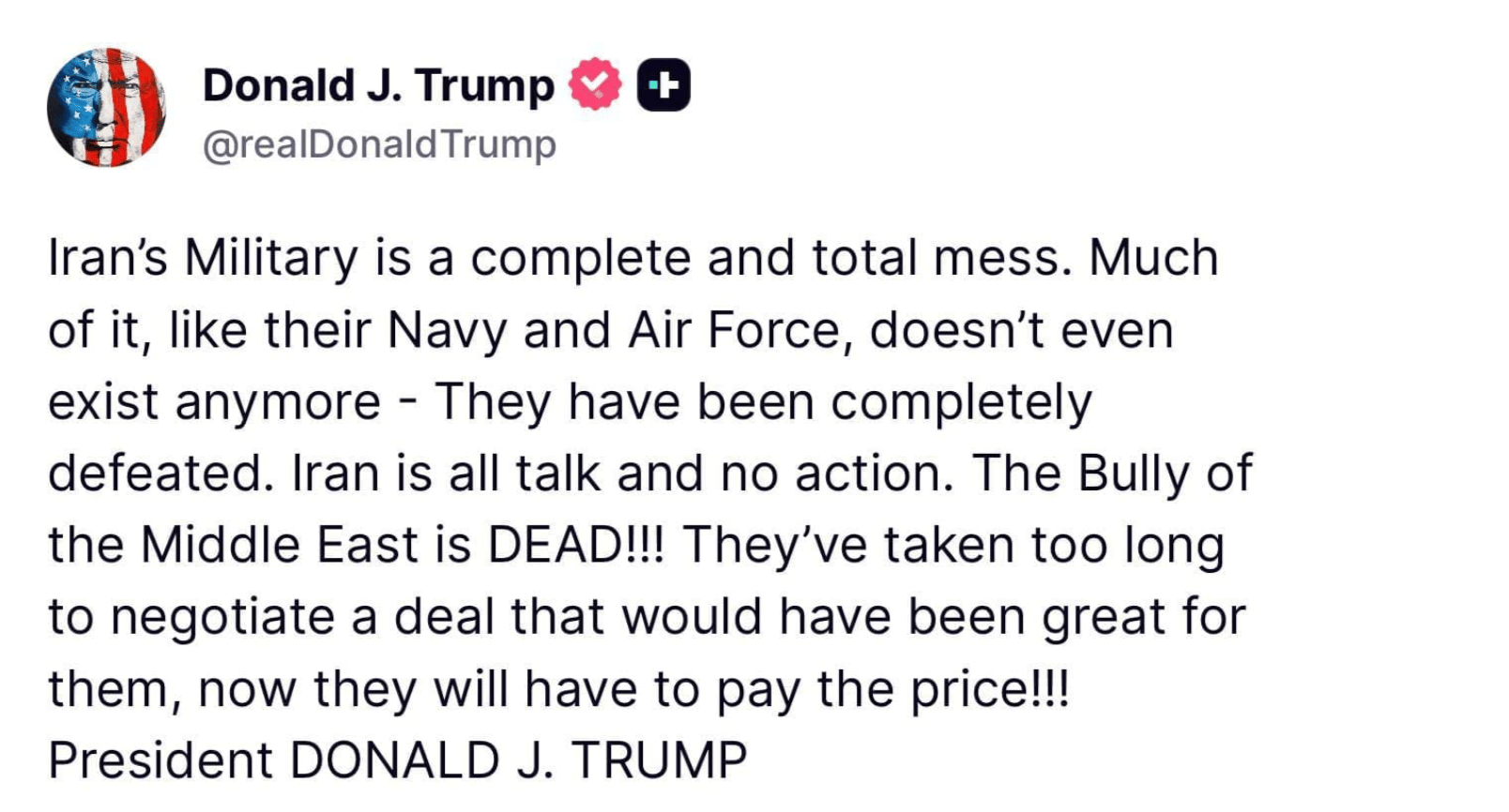 Trump: Iran has taken too long to make a deal, now they have to pay the price