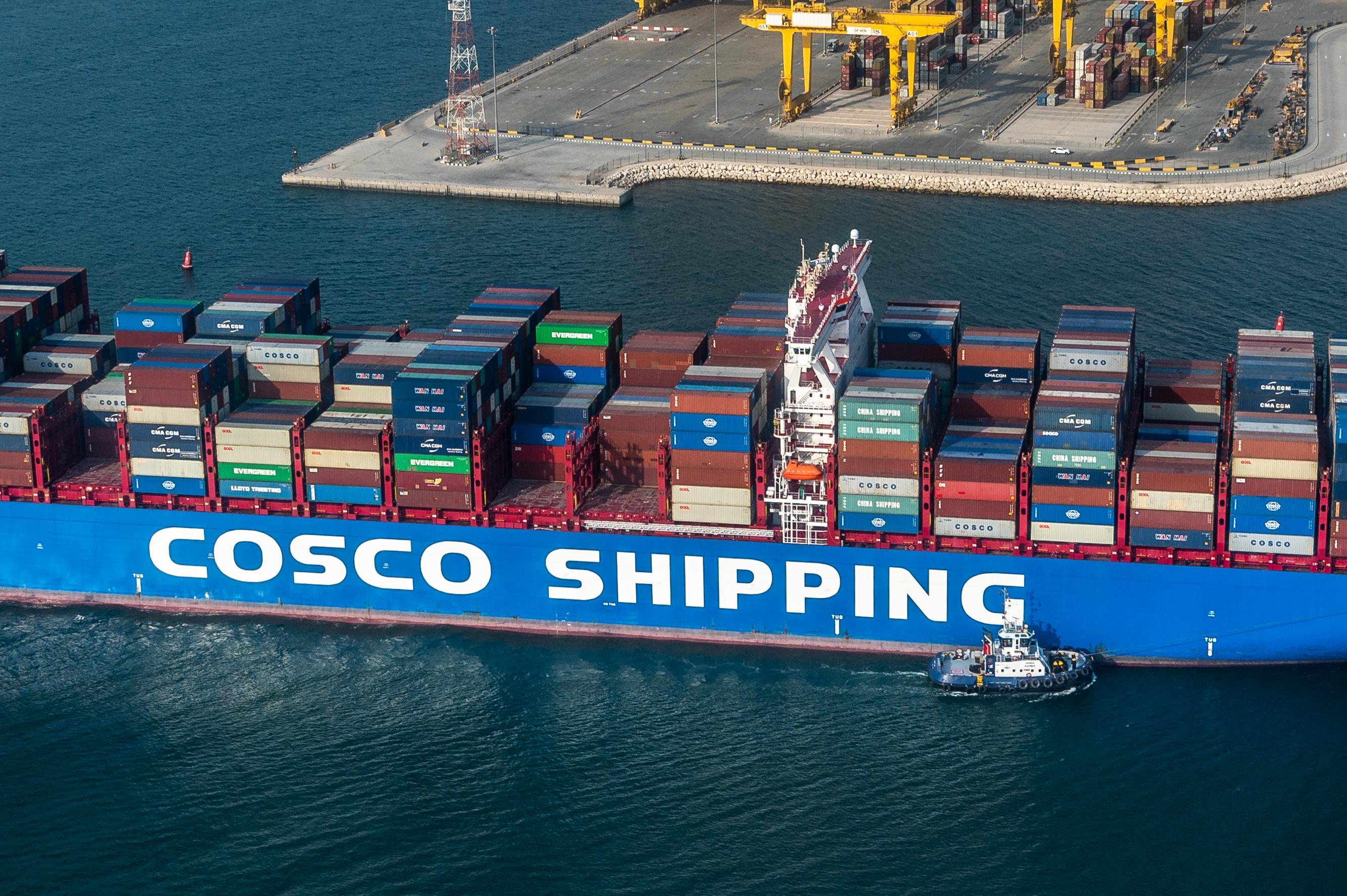 Cosco Shipping Lines container ship from China in Dubai's Jebel Ali port. Close up view. Dubai, UAE - July 2020 Cosco Shipping Lines container ship from China in Dubai's Jebel Ali port. Close up view. Dubai, UAE - July 2020