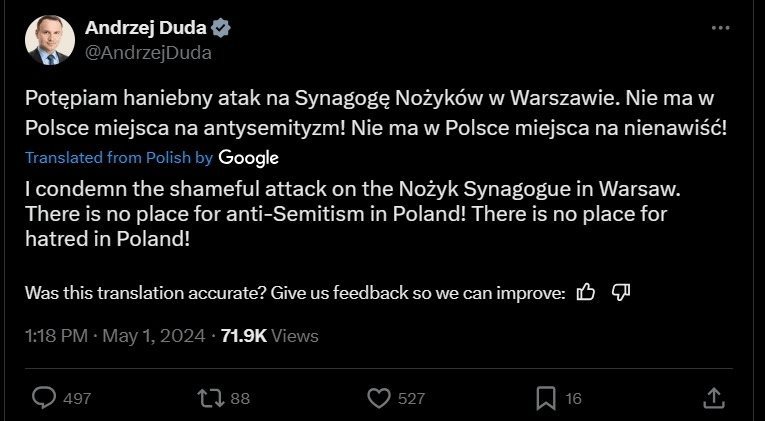 Polish President Andrzej Duda's condemnation of the firebombing. Polish President Andrzej Duda's condemnation of the firebombing.