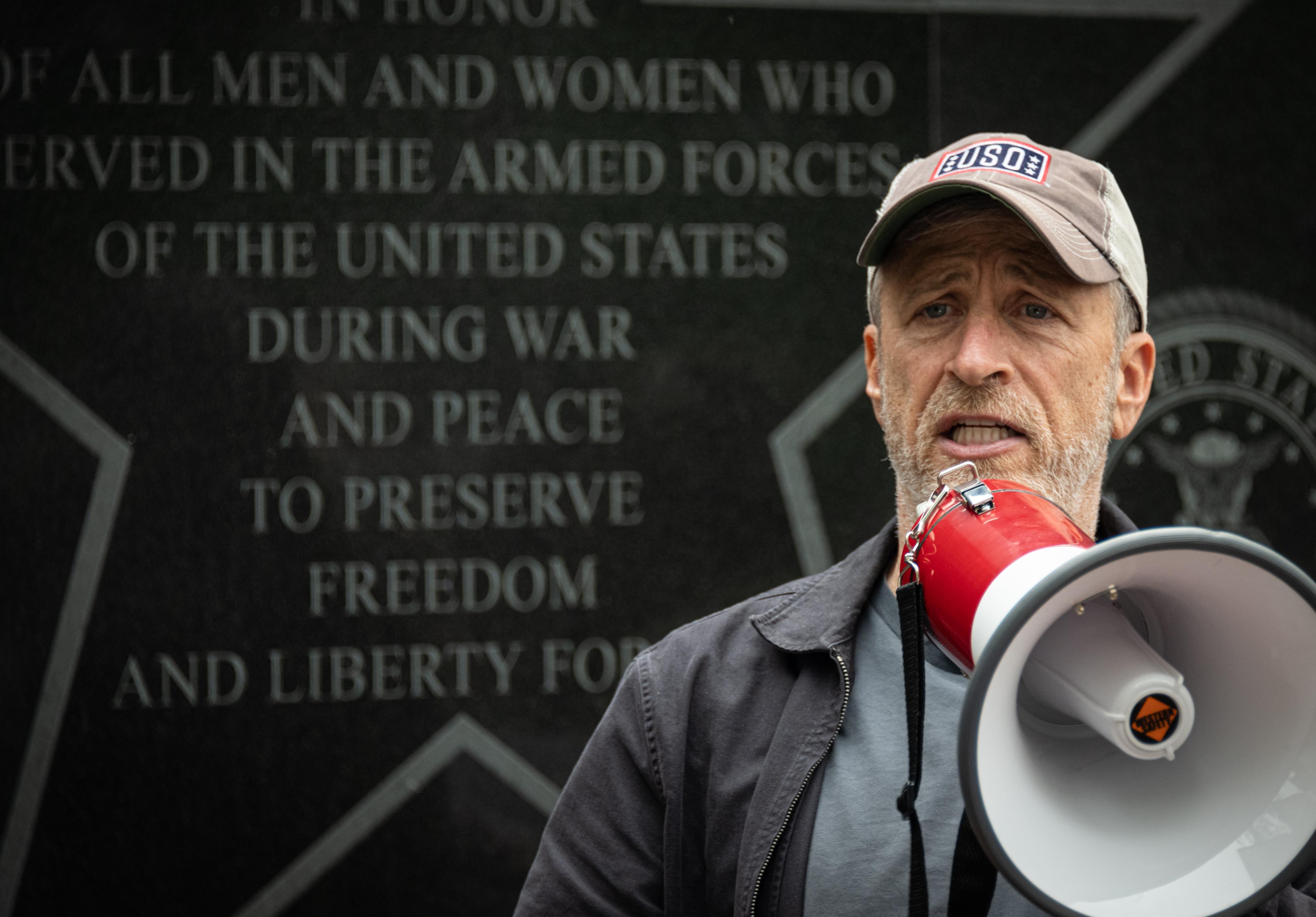 Actor turned Activist Jon Stewart gives remarks at a PACT Act rally to support funding veterans who are victims of burn pit related illnesses.