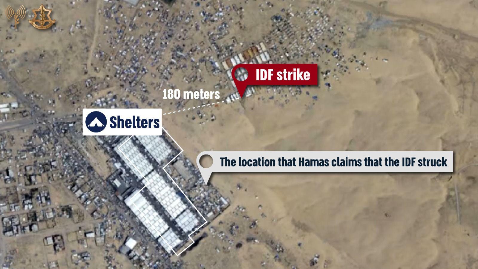 Infographic showing the distance between the IDF's actual strike zone and Hamas' claims.