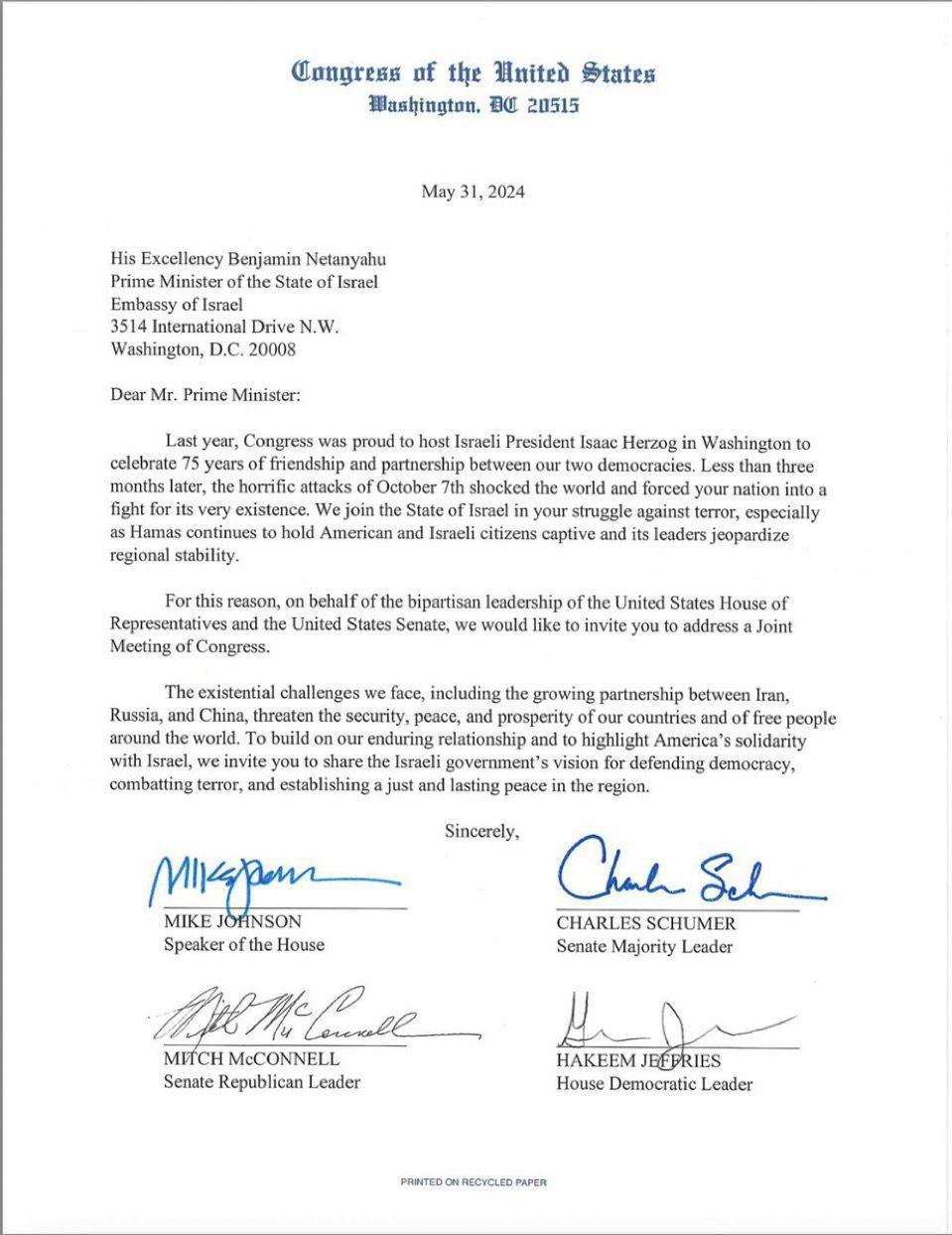 Invitation for Netanyahu to speak before Congress. Invitation for Netanyahu to speak before Congress.