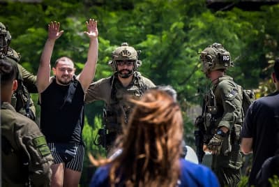 Released hostages Andrey Kozlov and Almog Meir arrive at the Sheba Medical Center in Ramat Gan, June 8, 2024. 