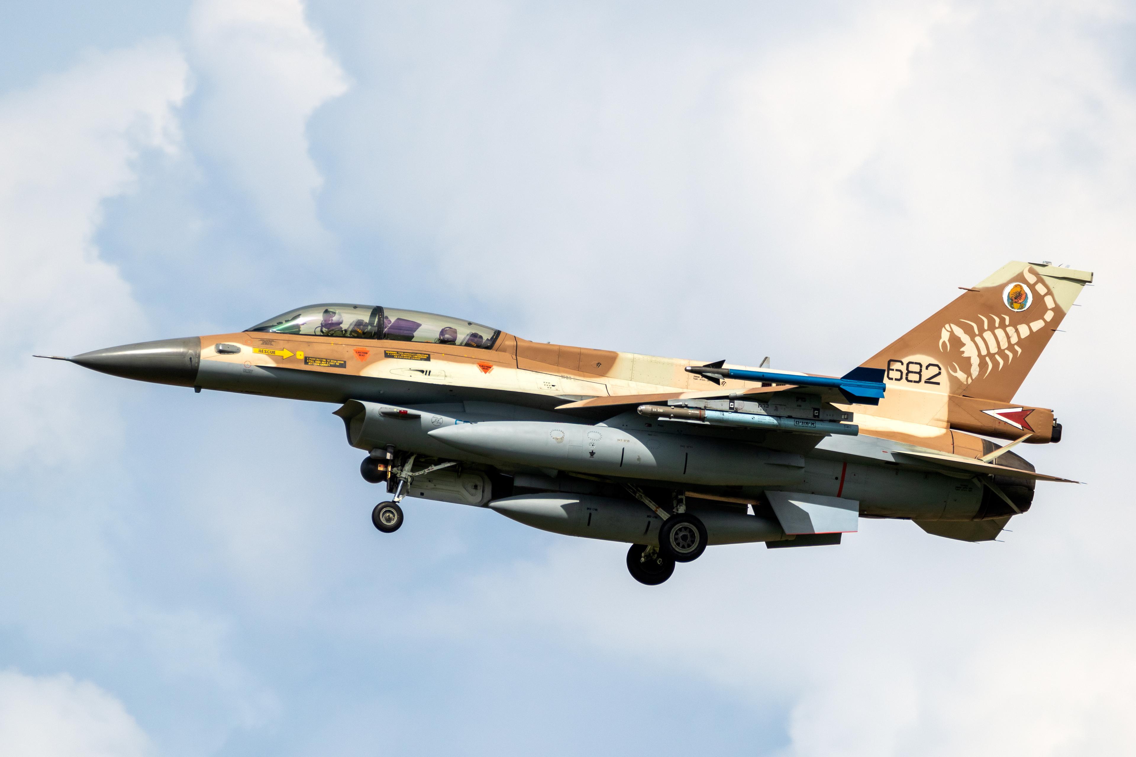 Israel Defense Force F-16 fighter jet landing on Norvenich airbase, Germany - August 17, 2020 Israel Defense Force F-16 fighter jet landing on Norvenich airbase, Germany - August 17, 2020