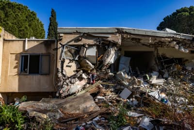 Destroyed houses from the October 7 Hamas massacre, Kibbutz Kfar Aza, southern Israel, April 7, 2024.