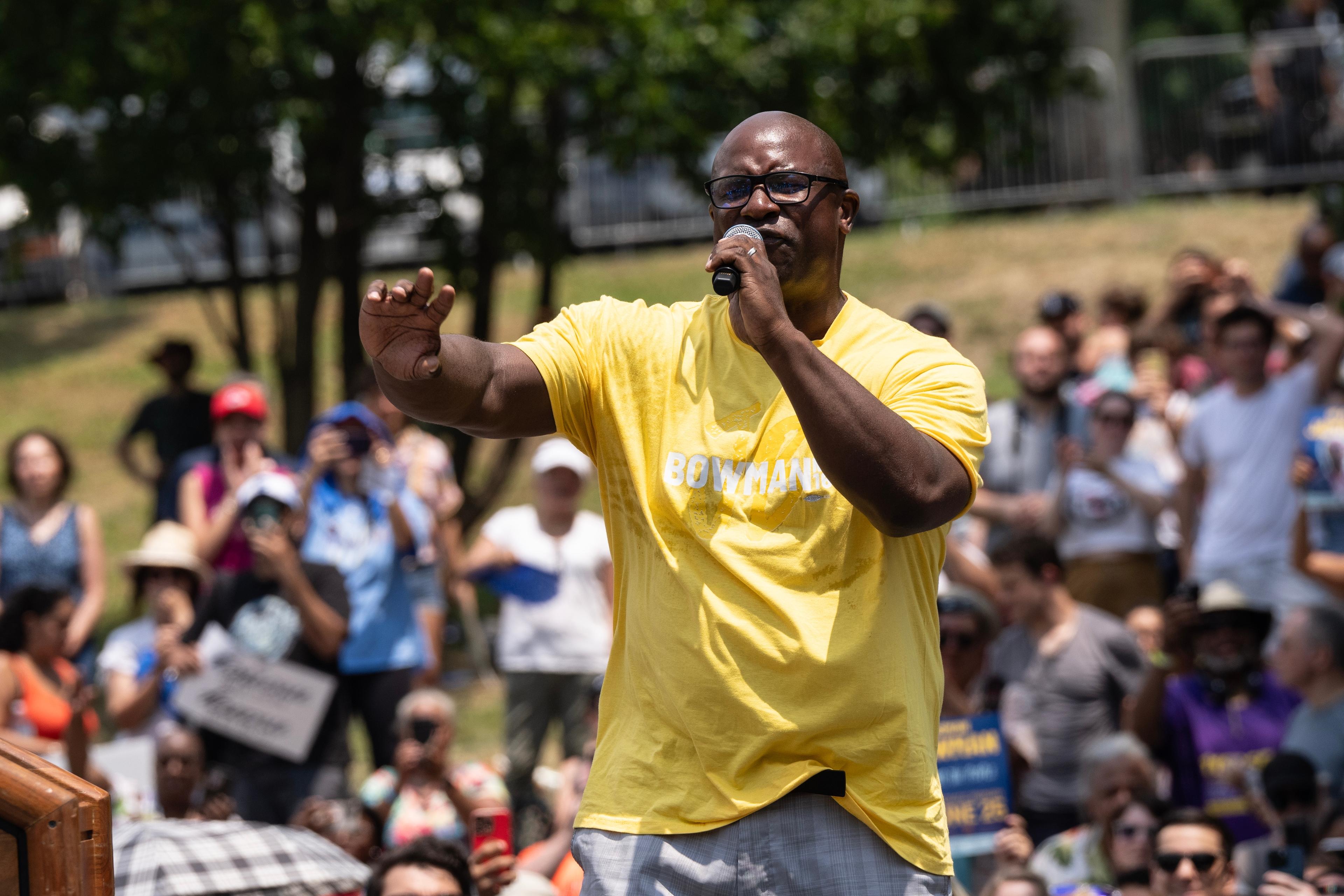 Jamaal Bowman speaks during rally in the Bronx with AOC and Bernie Sanders, St. Mary’s Park in New York, June 22, 2024