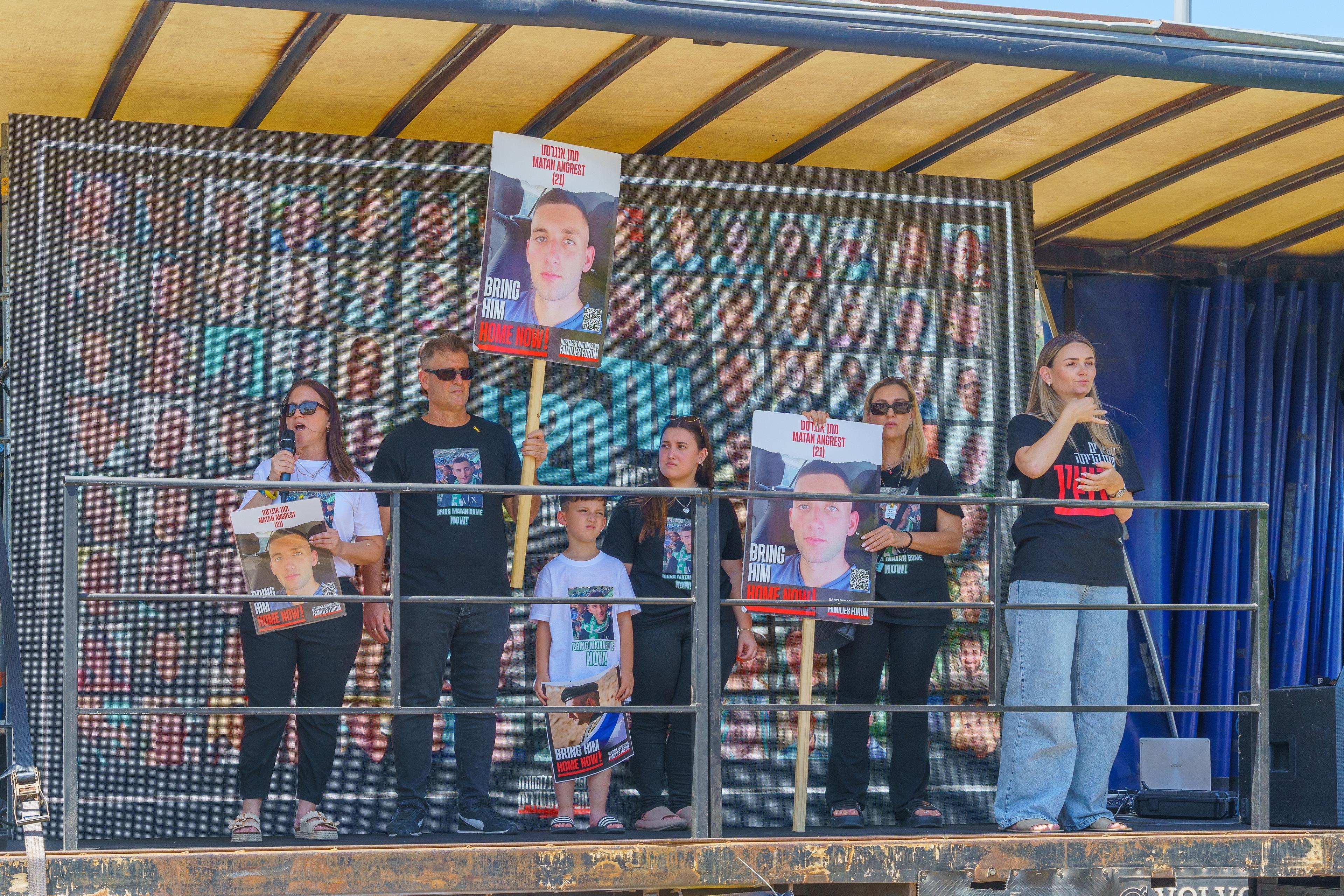 Yagur, Israel - June 10, 2024: Family of hostage Matan Angrest speak to the crowd