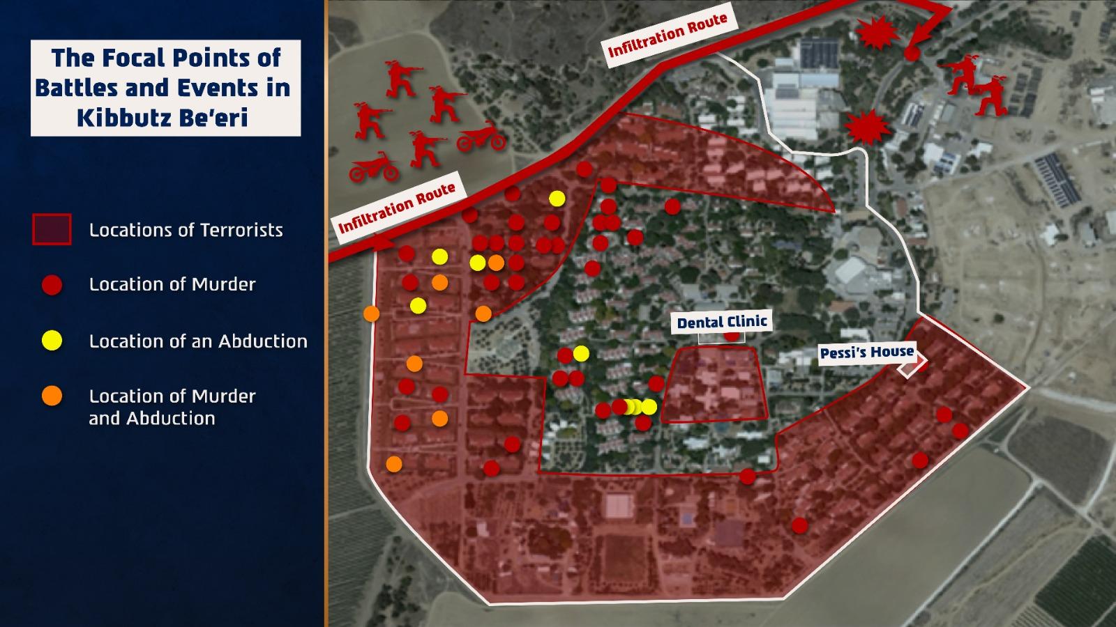 IDF: The focal points of battles and events in Kibbutz Be'eri IDF: The focal points of battles and events in Kibbutz Be'eri