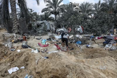 Samage caused from an Israeli airstrike in the Al-Mawasi area of Khan Yunis, in the southern Gaza Strip, on July 14, 2024. 