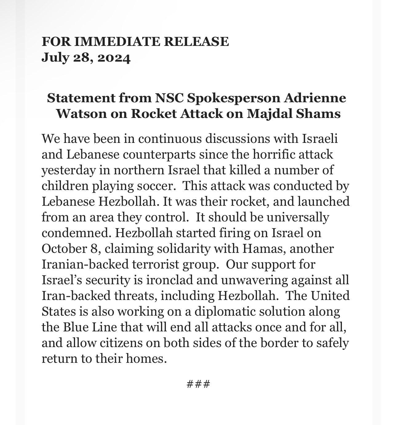 US NSC Statement on Majdal Shams. US NSC Statement on Majdal Shams.
