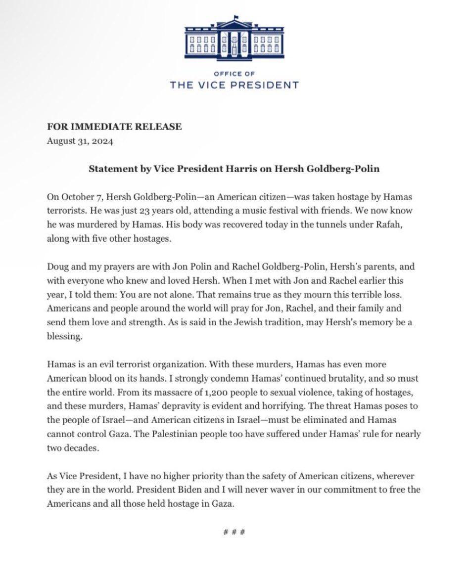 Vice President Kamala Harris' statement on Hersh Goldberg-Polin. Vice President Kamala Harris' statement on Hersh Goldberg-Polin.