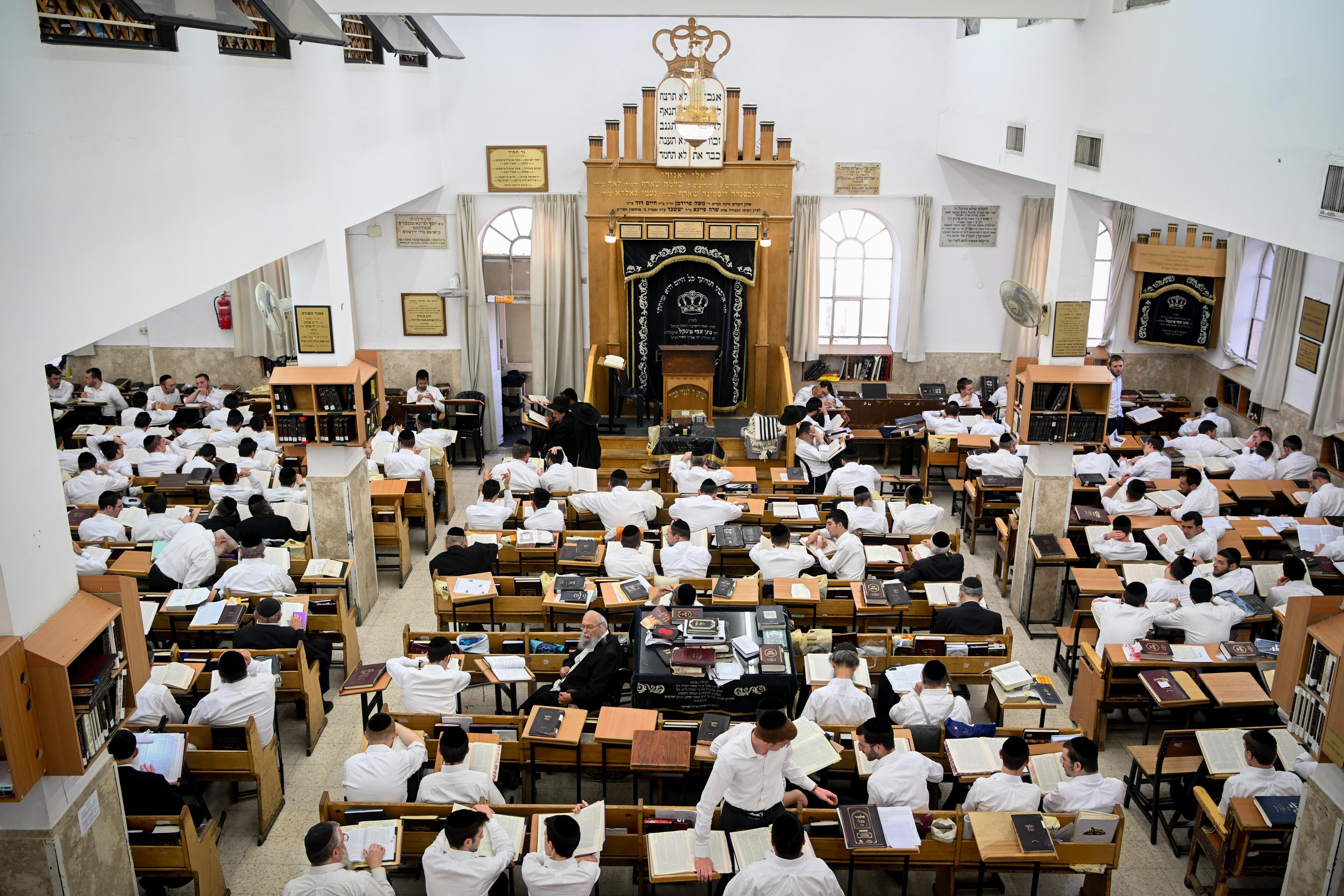 Ultra orthodox men study at the Mir Yeshiva in the ultra orthodox neighborhood of Mea Shearim, Jerusalem, May 30, 2024 Ultra orthodox men study at the Mir Yeshiva in the ultra orthodox neighborhood of Mea Shearim, Jerusalem, May 30, 2024