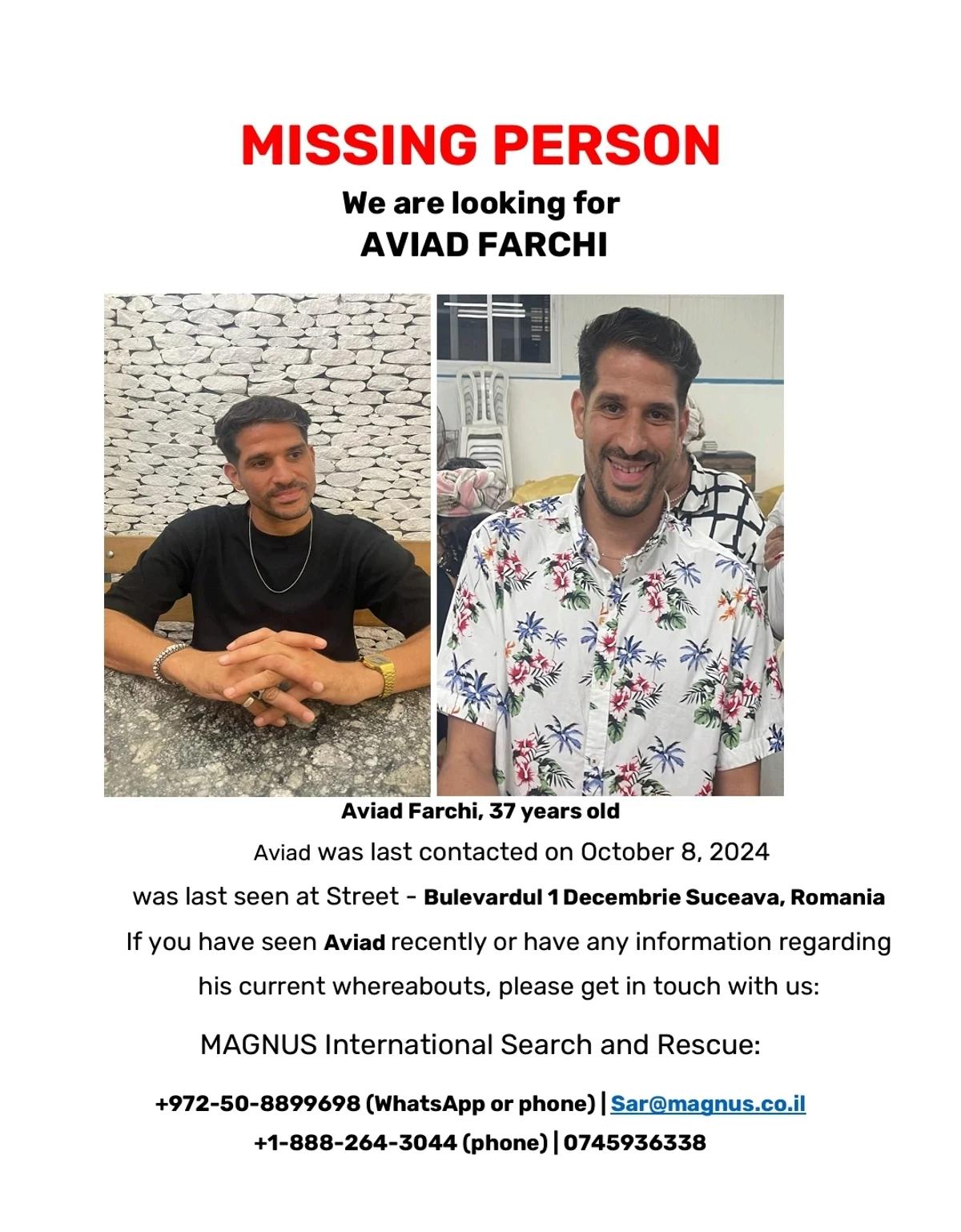 Poster asking people for information about missing Israeli Aviad Farhi Poster asking people for information about missing Israeli Aviad Farhi