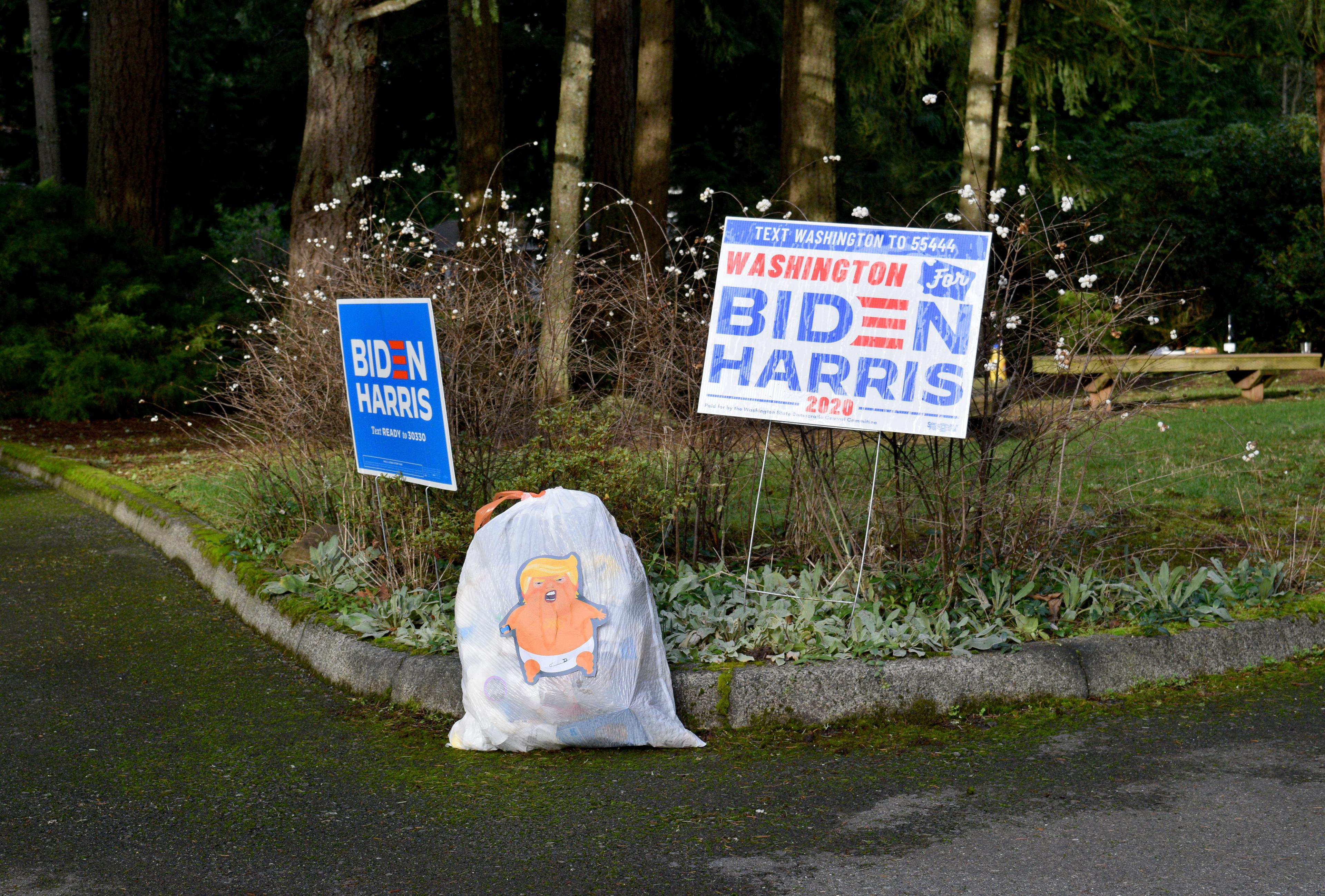Baby Trump image on a garbage bag taken out to the street Baby Trump image on a garbage bag taken out to the street