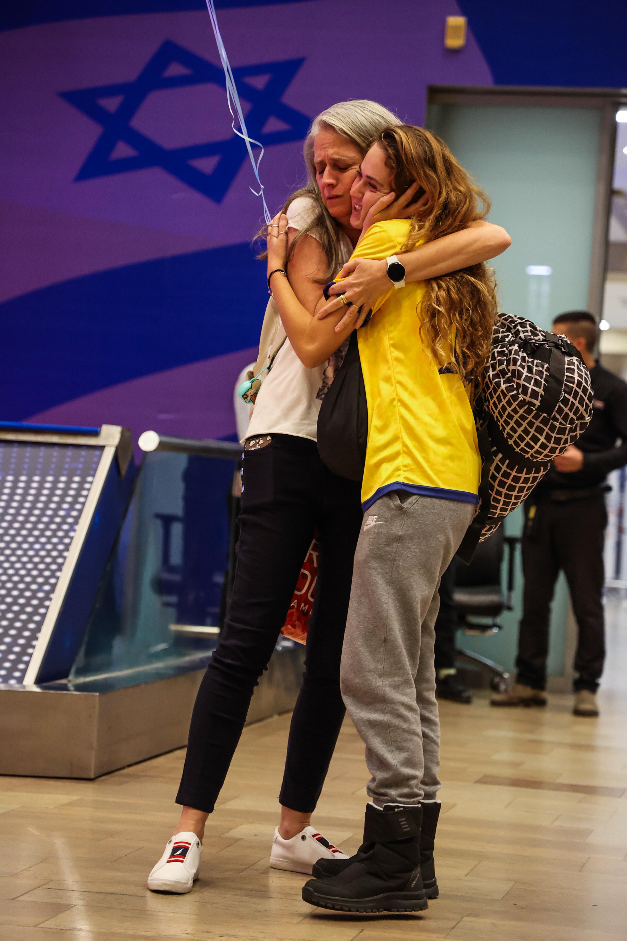 Maccabi Tel Aviv fans who flew on El Al rescue flight from Amsterdam arrive at Ben Gurion international airport, November 8, 2024