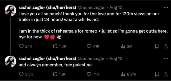 Rachel Zegler posts 'Free Palestine' on X Rachel Zegler posts 'Free Palestine' on X