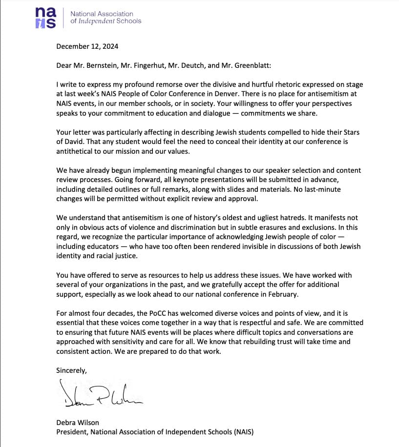 NAIS Apology Letter NAIS Apology Letter