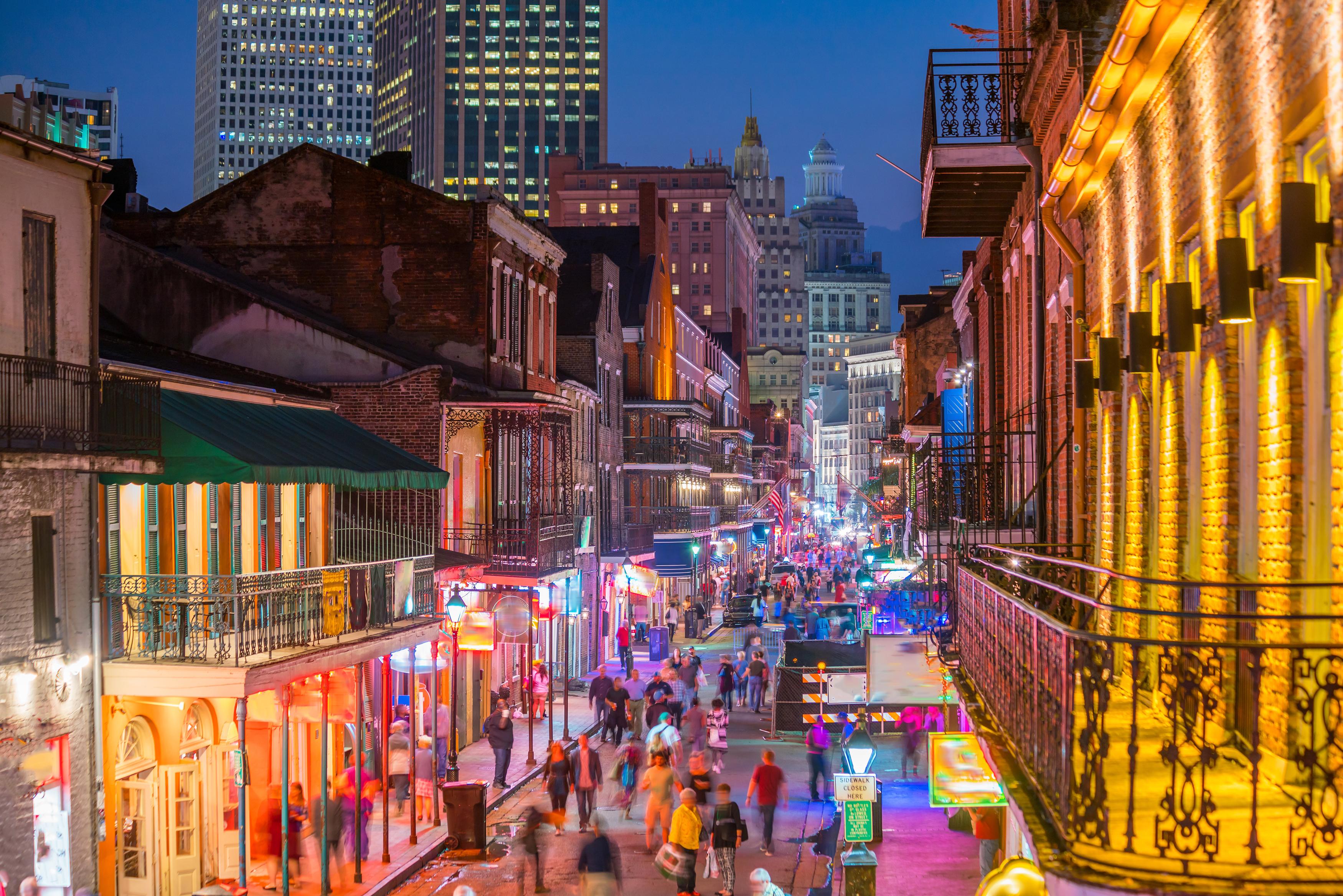 Pubs and bars with neon lights in the French Quarter, New Orleans USA 