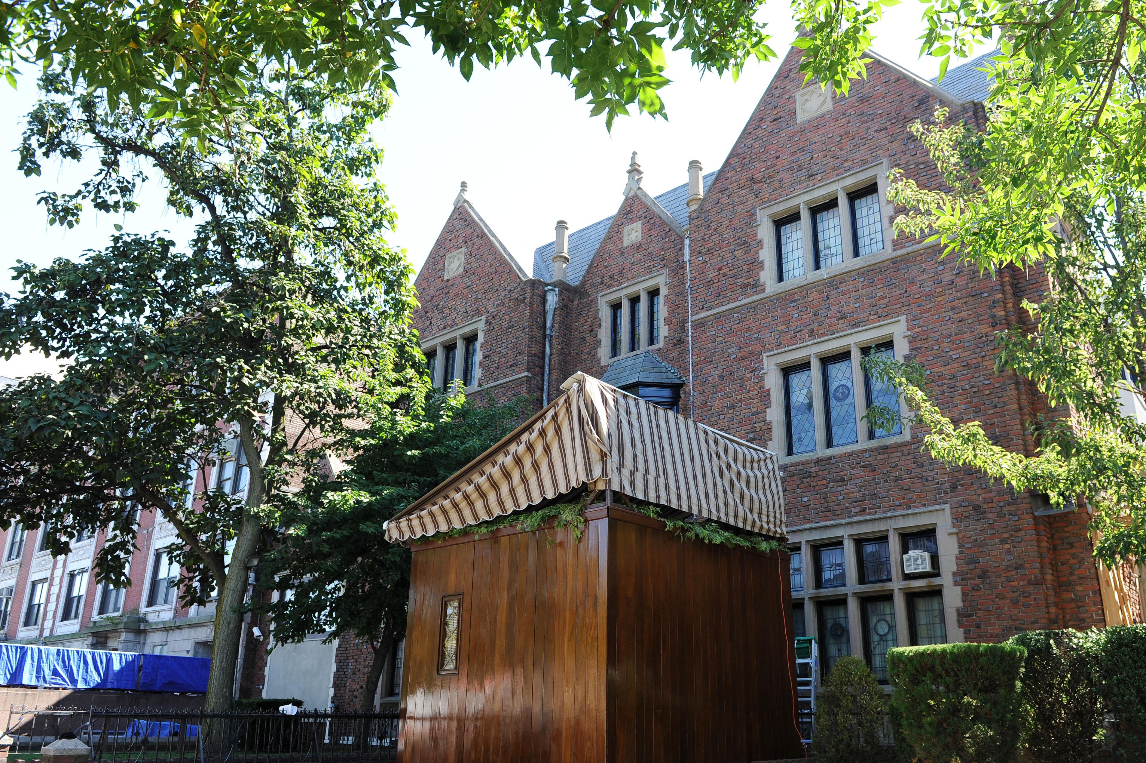 View of a sukka "temporary shelter" built for Sukkot, outside the house of the Lubavitcher Rebbe, 770 Eastern Parkway, the headquarters of Chabad in Crown Heights, Brooklyn
