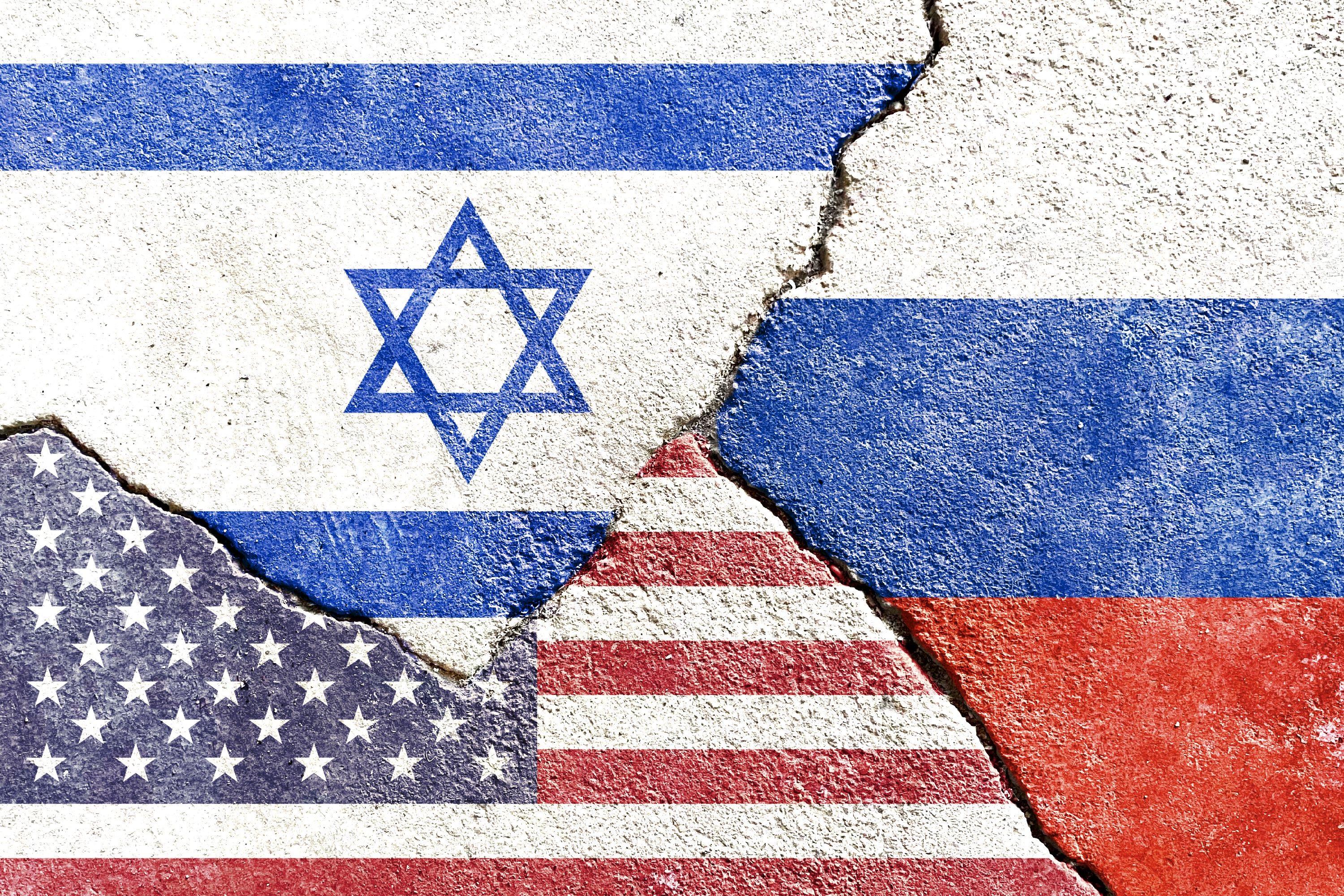 Israel VS USA VS Russia national flags 