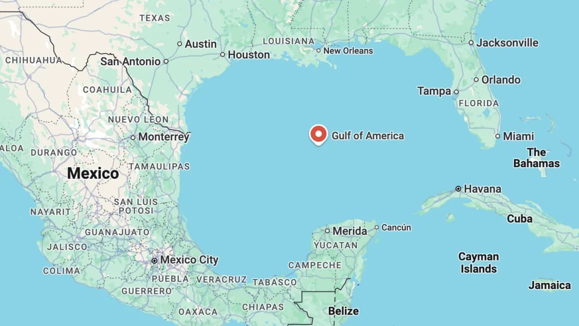 Screenshot of google maps change in Gulf of America label