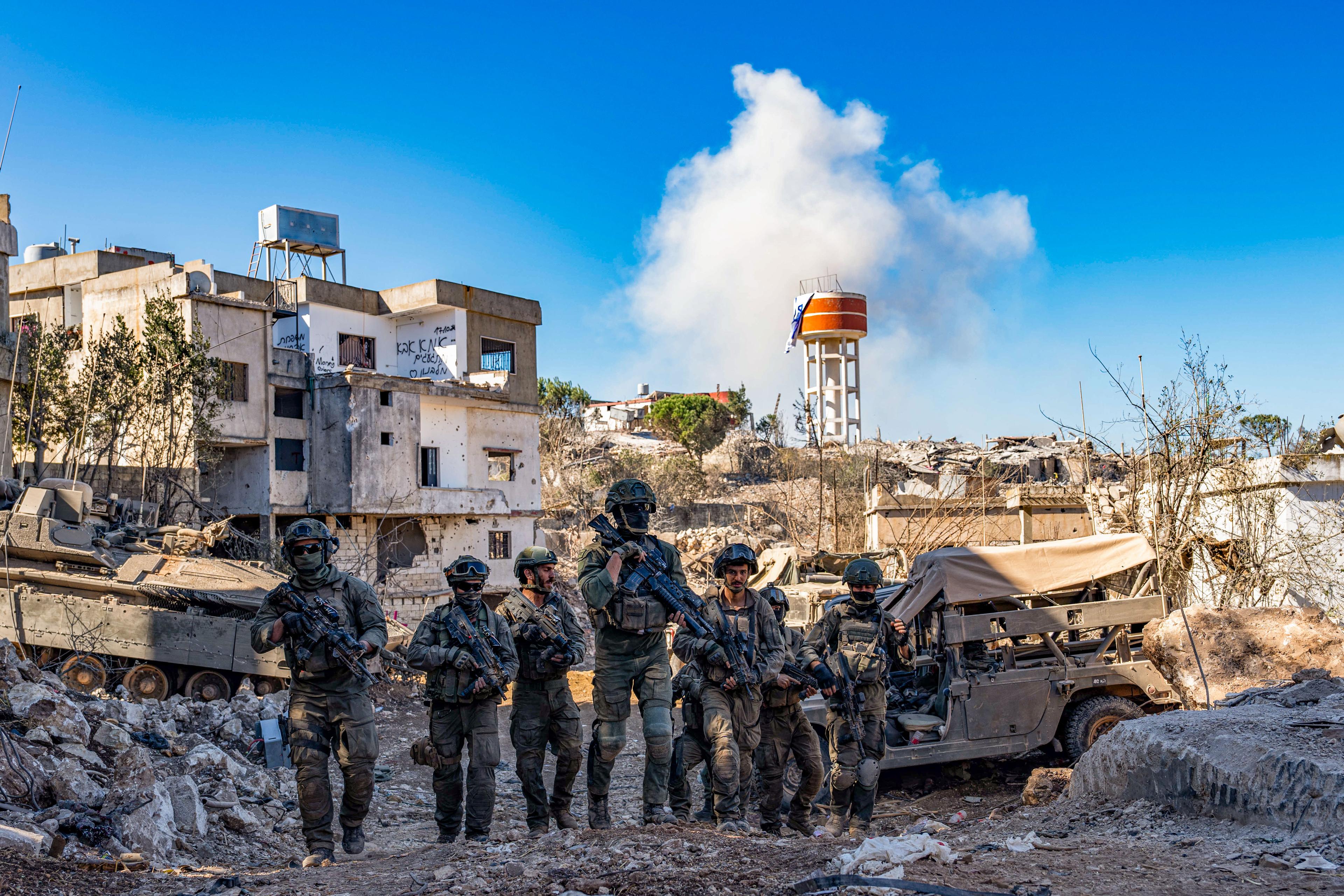 Israeli soldiers from the Golani Brigade and Armored Corps operating in Ayta ash Shab, in southern Lebanon, during Israeli military operations 