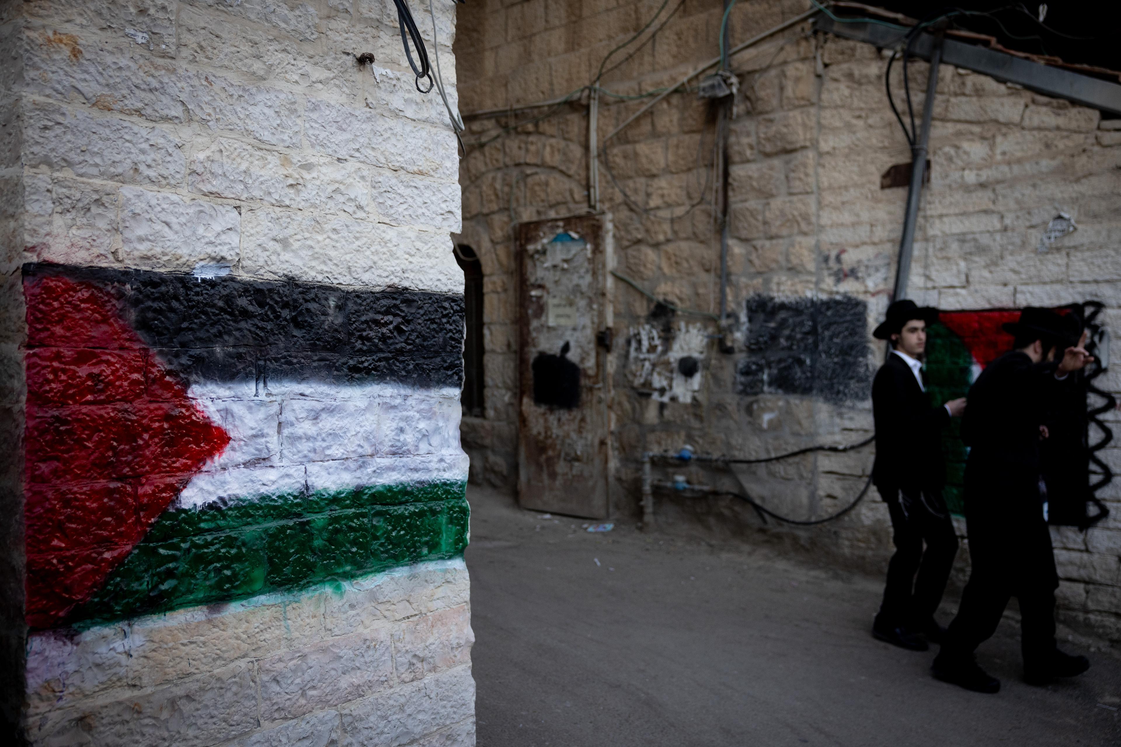 Palestinian flags in the Jerusalem neighbourhood Mea Shearim