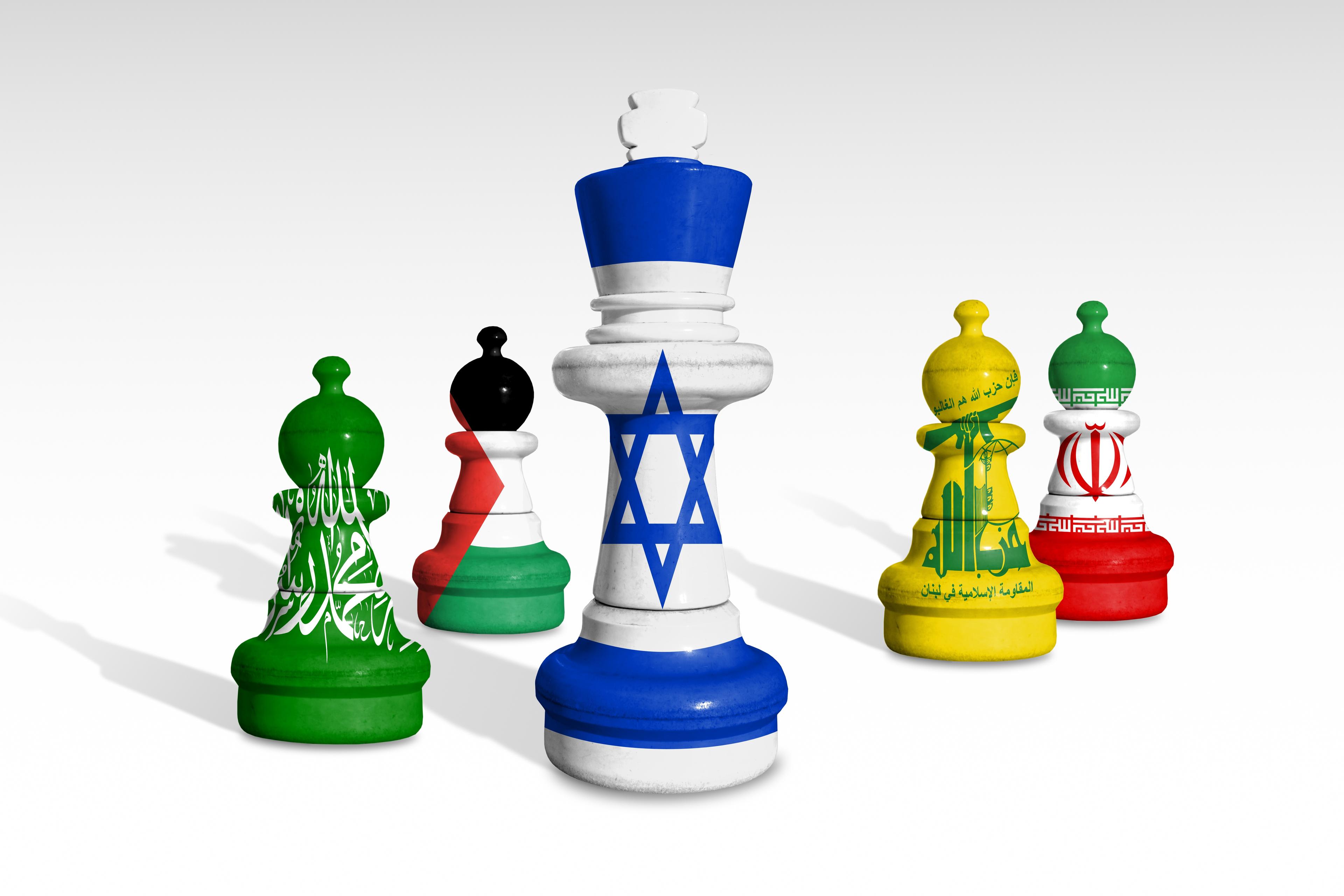 Chess made from flags of Israel, Hezbollah, Hamas, Iran