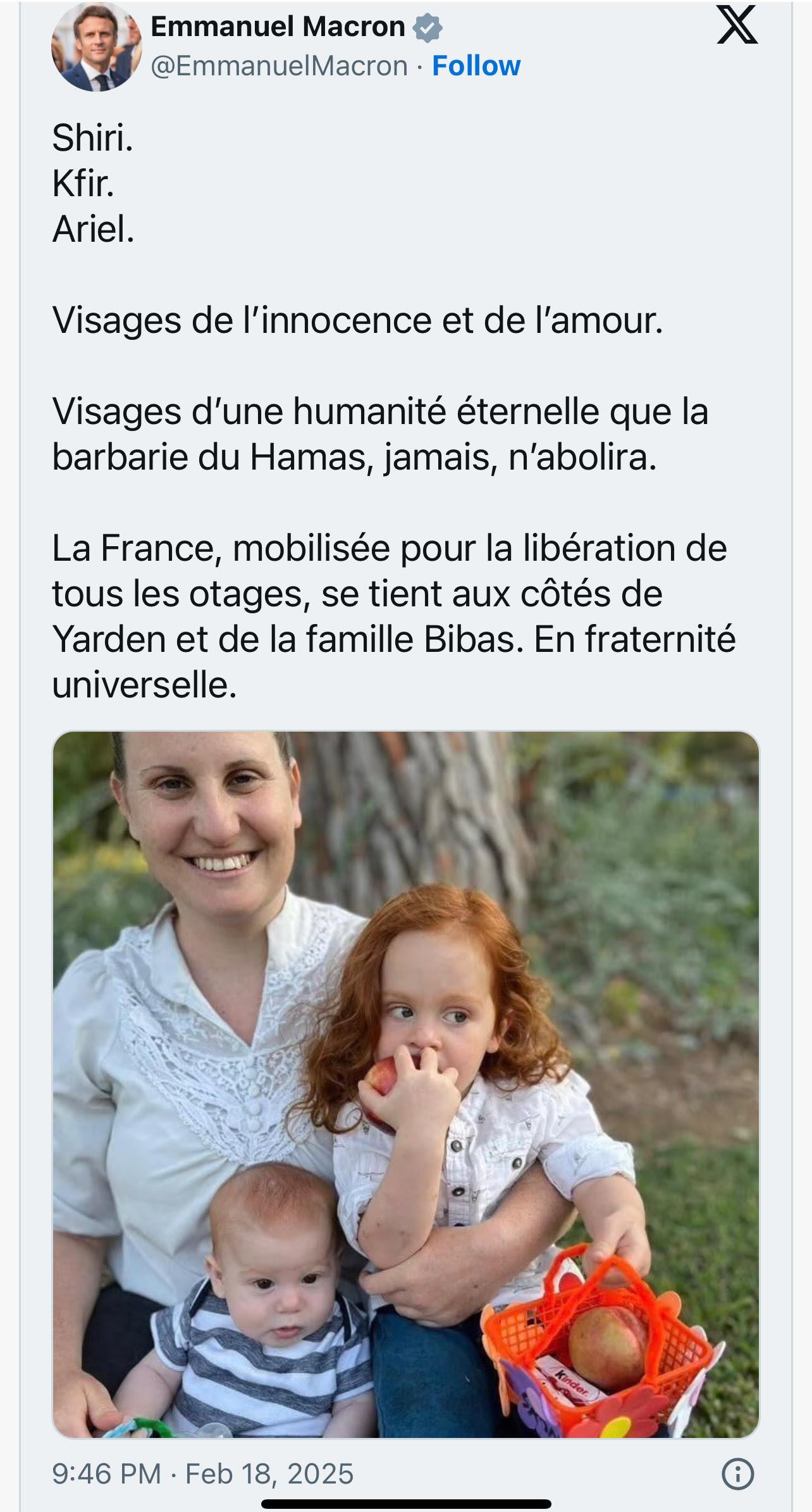 Macrons' post on the Bibas family Macrons' post on the Bibas family