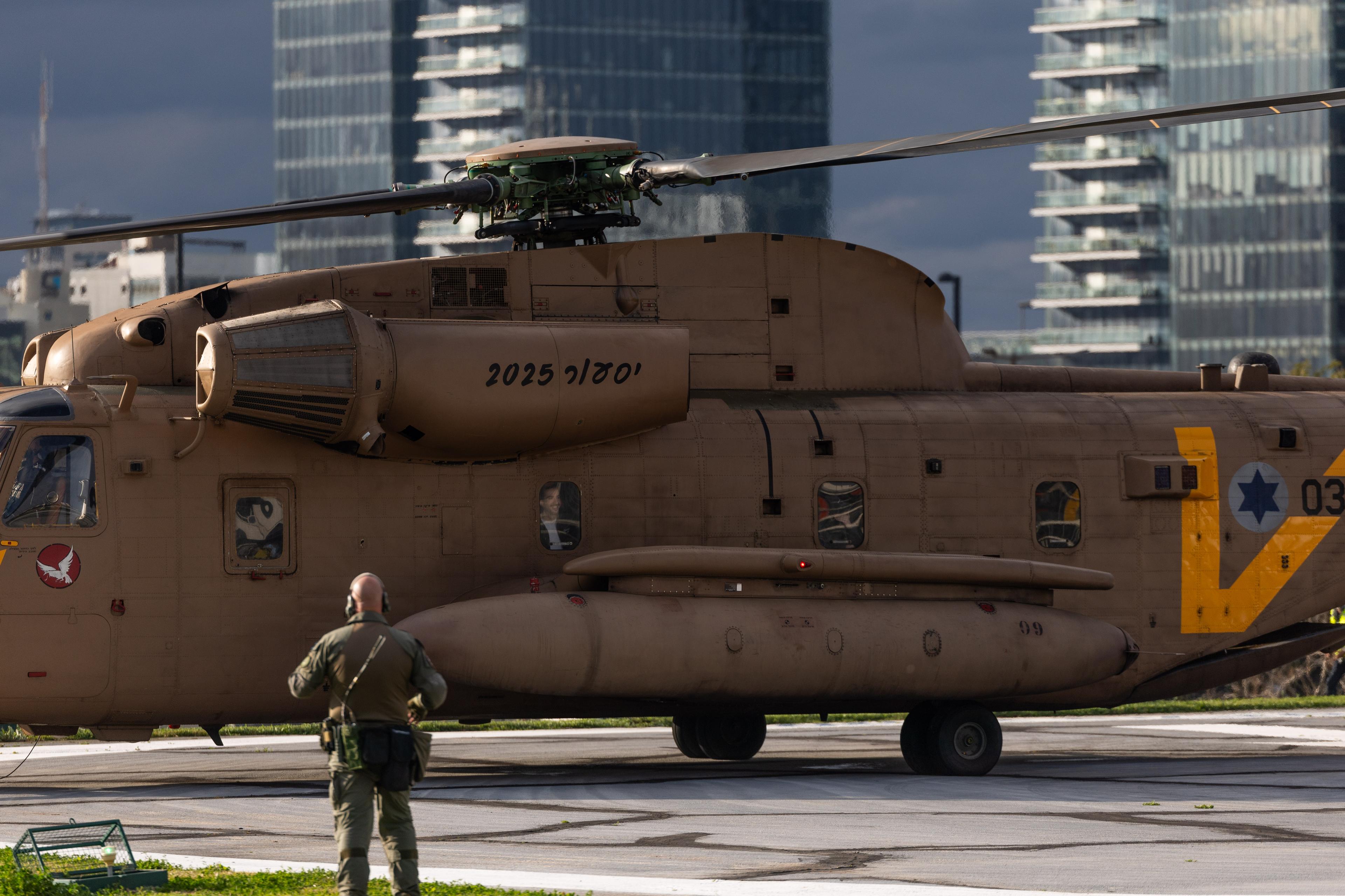 Military helicopter with released hostages arrives at the Rabin Medical Center in Petah Tikva, February 22, 202
