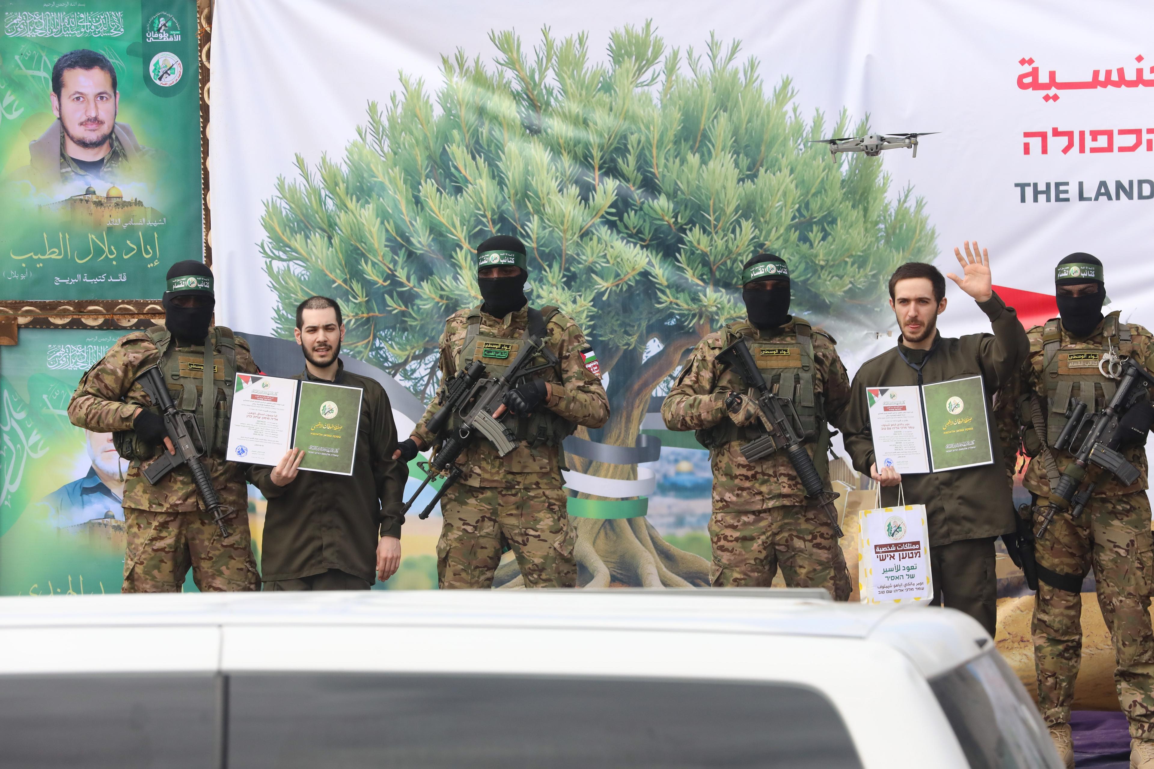 Hamas handing over Israeli hostages to the Red Cross, as part of the ceasefire agreement between Israel and Hamas, in Nuseirat Camp, in the central Gaza Strip, February 22, 2025