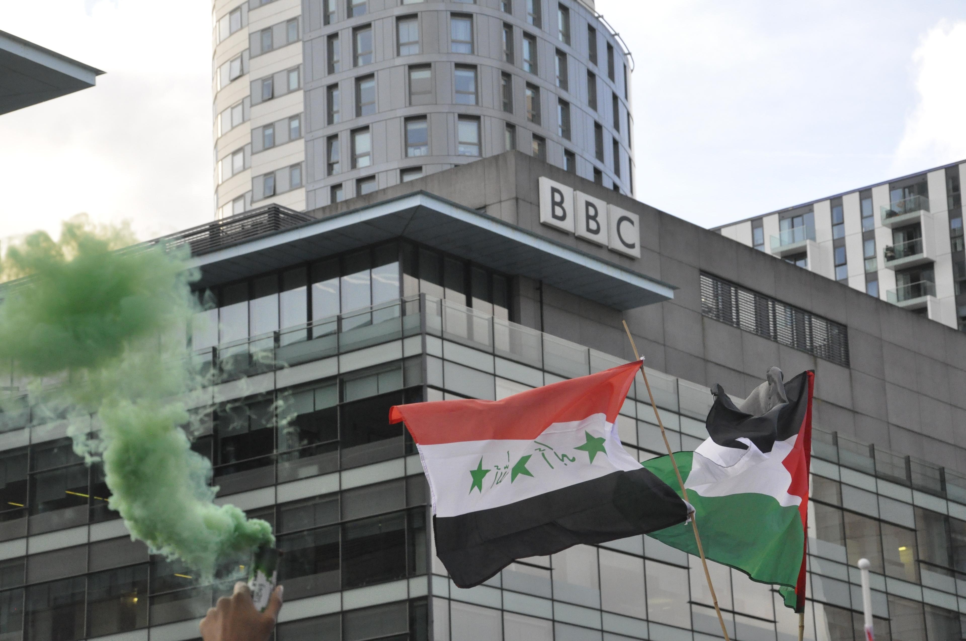  Pro Palestinian protesters set off flares at Media City in Salford outside BBC offices