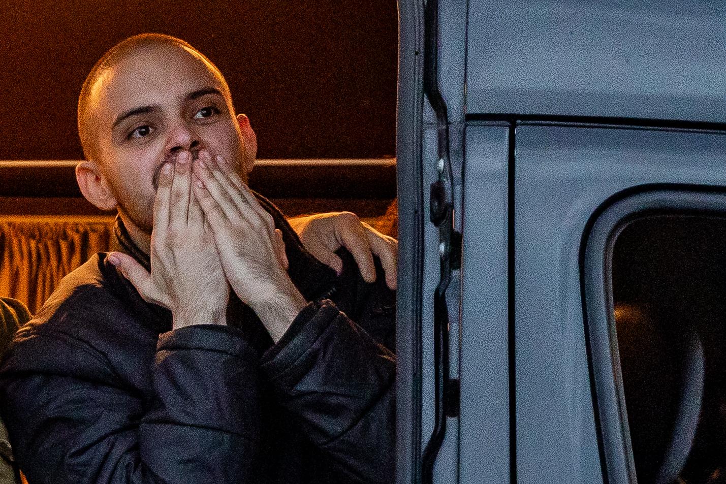 Released hostages Omer Wenkert arrives at the Rabin Medical Center in Petah Tikva, February 22, 2025. Photo by Yonatan Sindel/Flash90