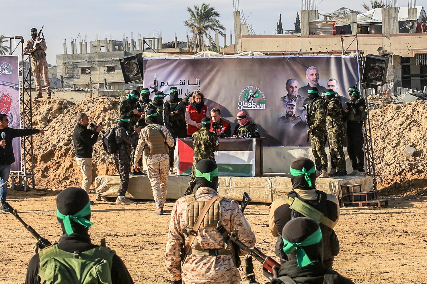 Al-Qassam Brigades hand over Israeli hostages Ofer Kalderon and Yarden Bibas to the Red Cross, as part of the ceasefire agreement between Israel and Hamas, in Khan Yunis, southern Gaza Strip. February 01, 2025. 