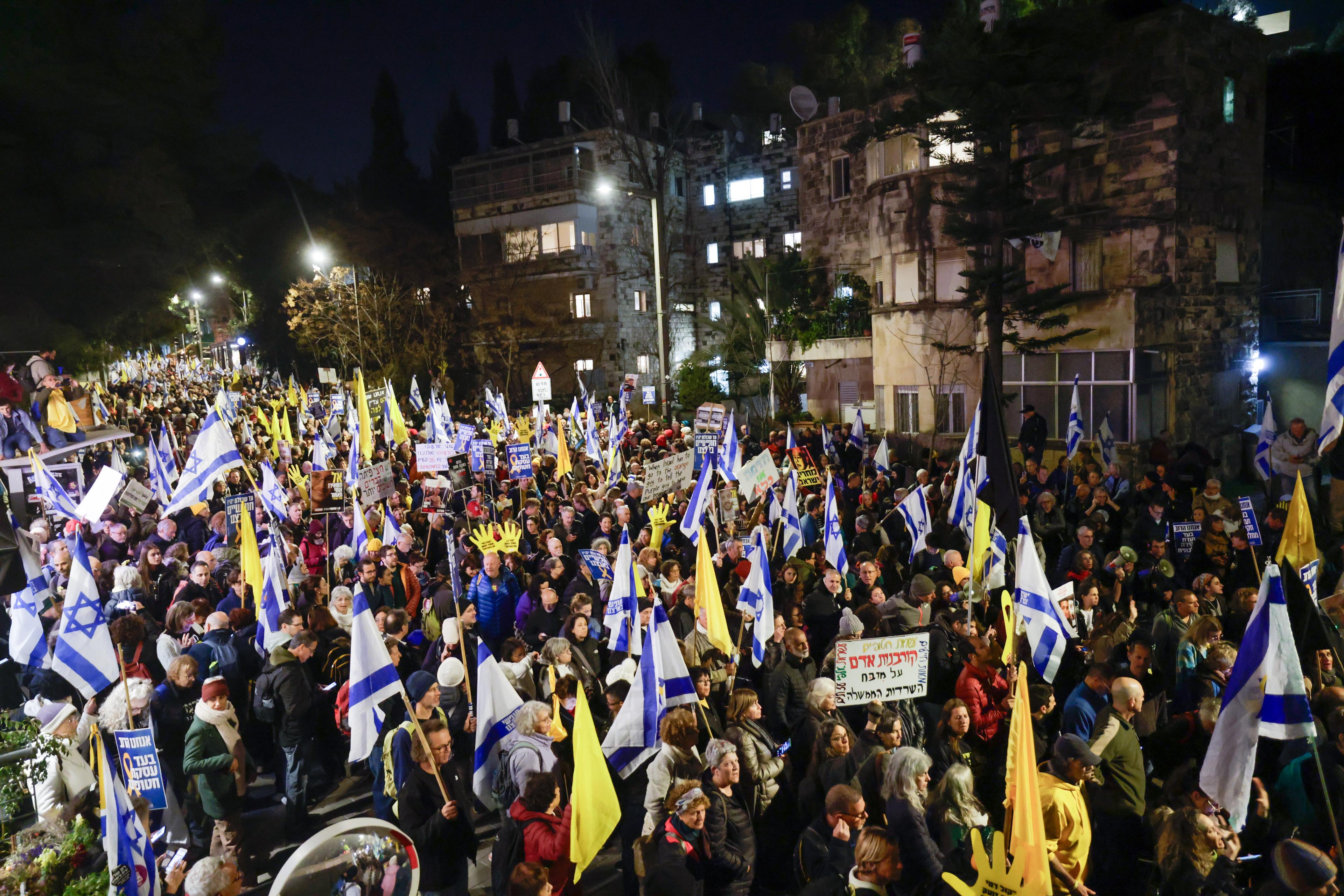 People protest calling for the release of Israelis held hostage in the Gaza Strip, outside the Prime Minister's residence in Jerusalem, March 02, 2025. 
