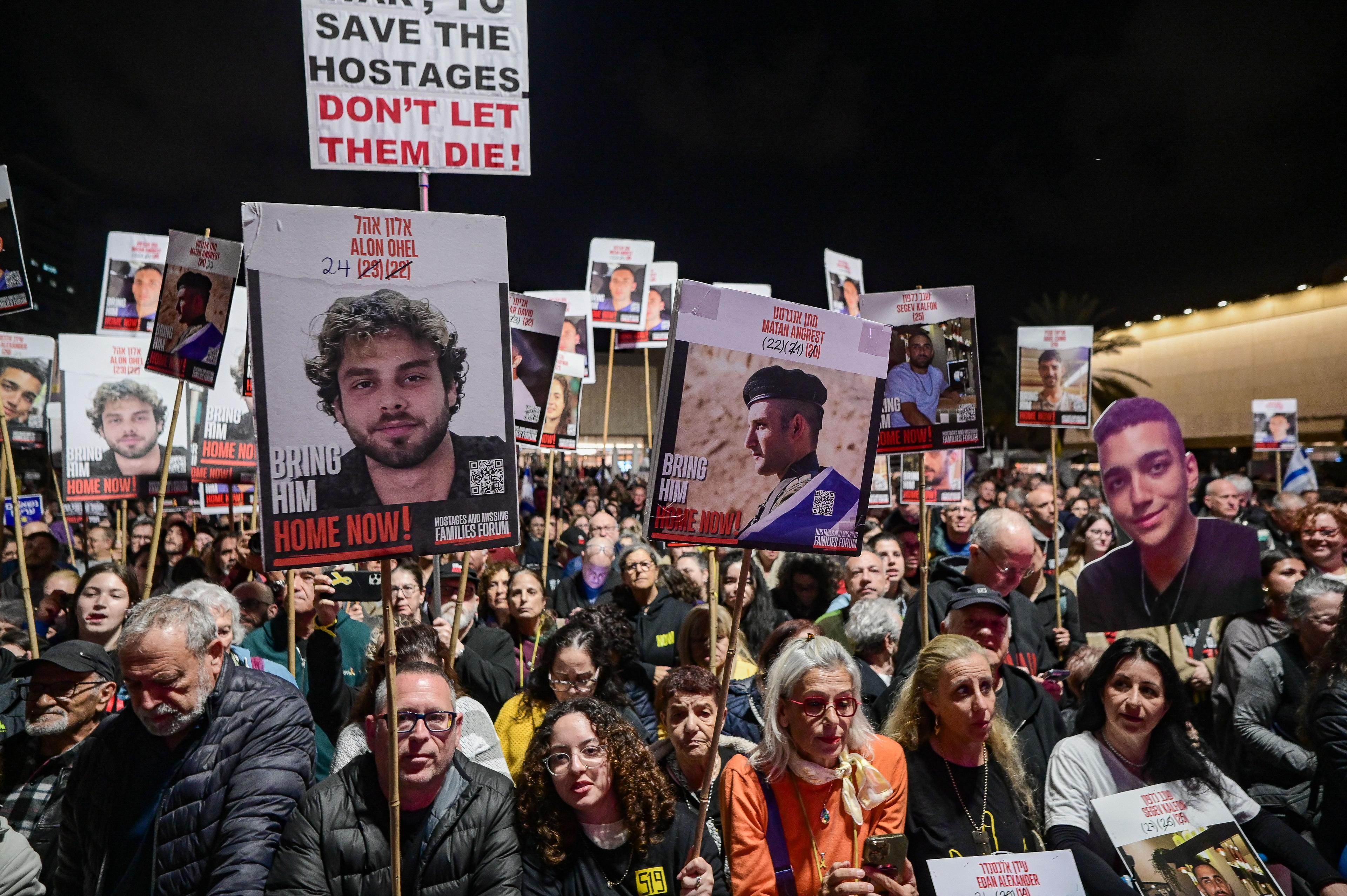 Israelis attend a rally calling for the release of Israelis held hostage by Hamas terrorists in Gaza, at "Hostage Square" in Tel Aviv, March 8, 2025.