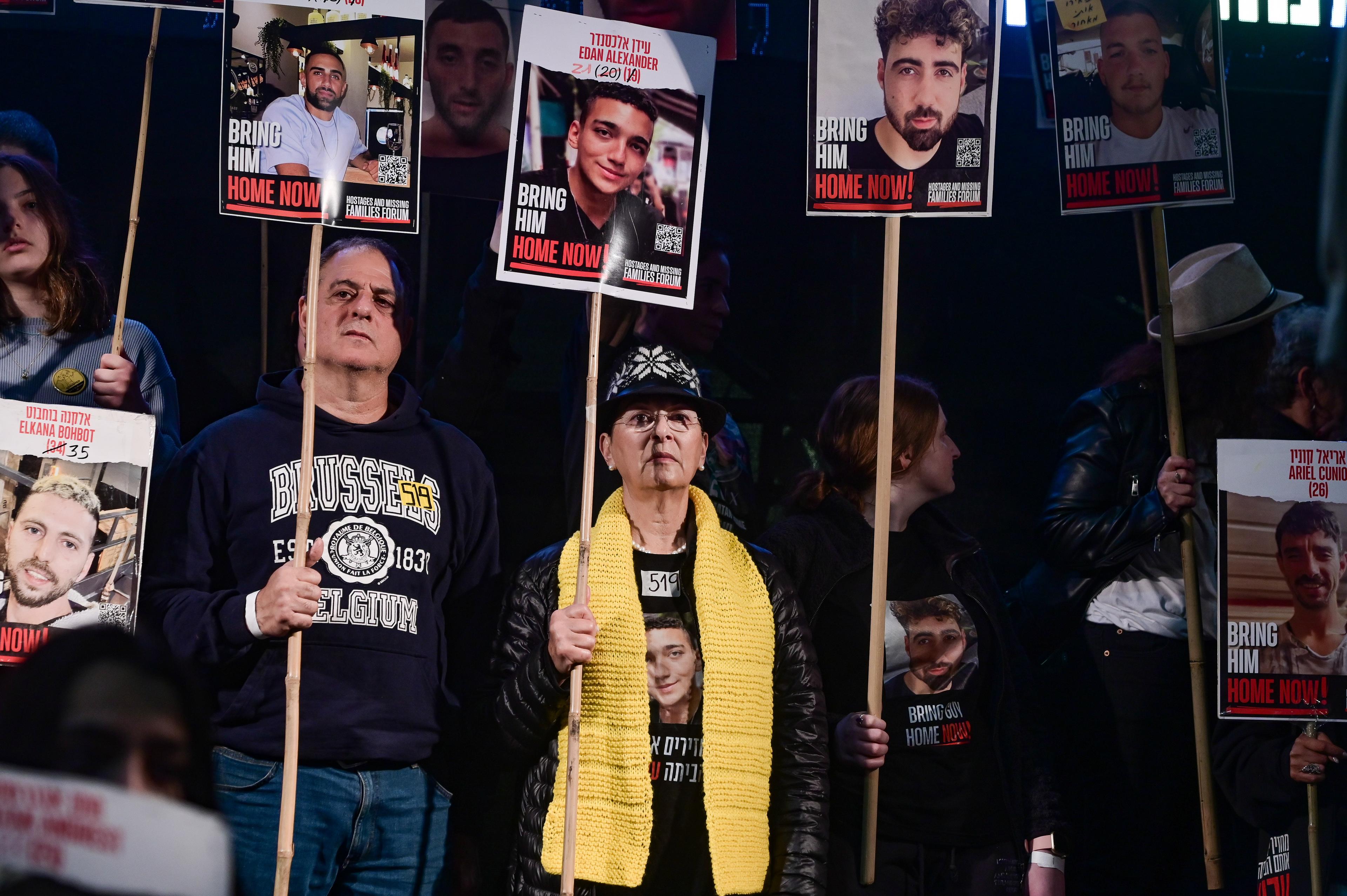 Israelis attend a rally calling for the release of Israelis held hostage by Hamas terrorists in Gaza, at "Hostage Square" in Tel Aviv, March 8, 2025. 