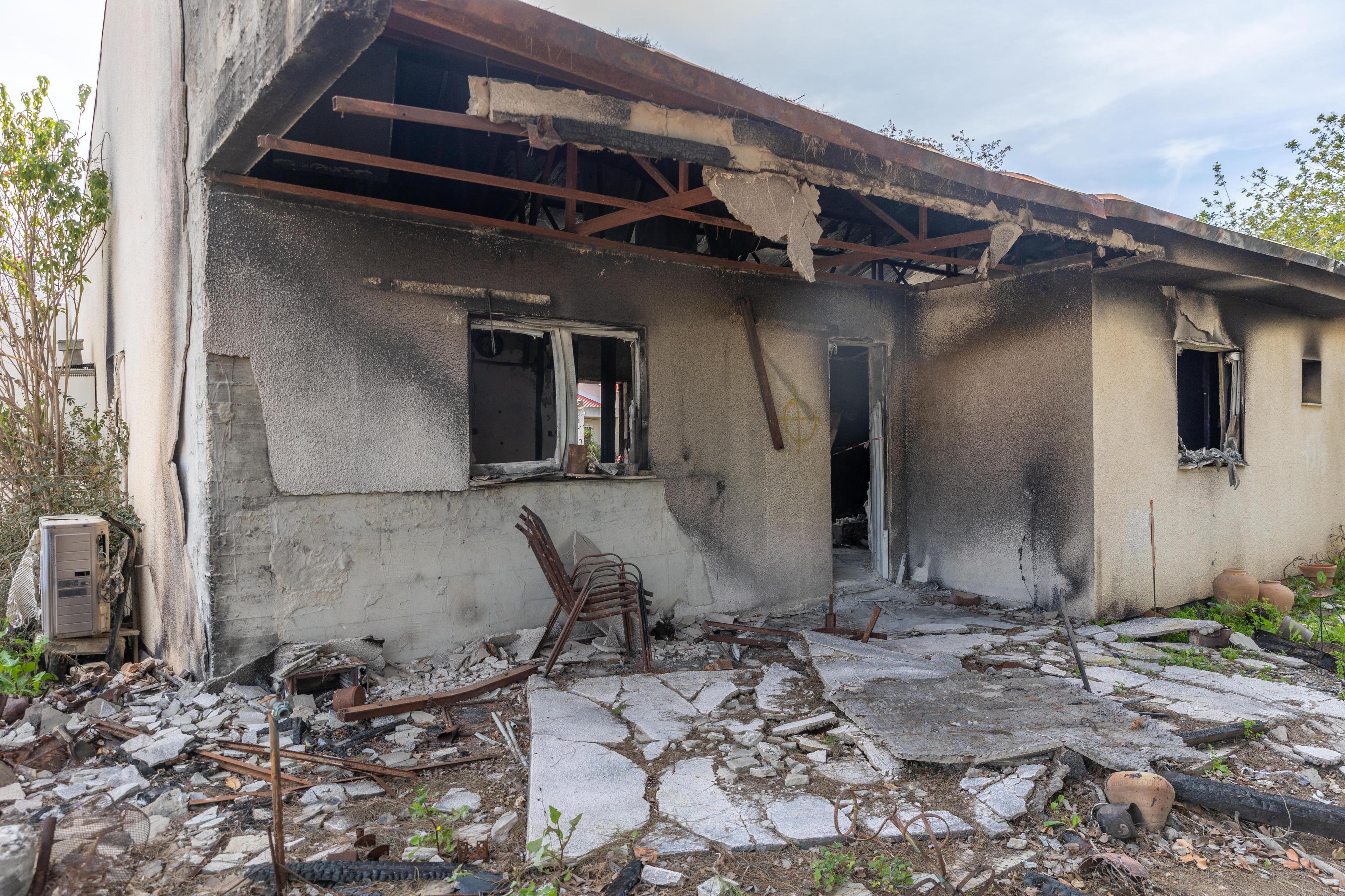 View of destruction after the Hamas massacre on October 7, at kibbutz Nir Oz, southern Israel. March 3, 2025