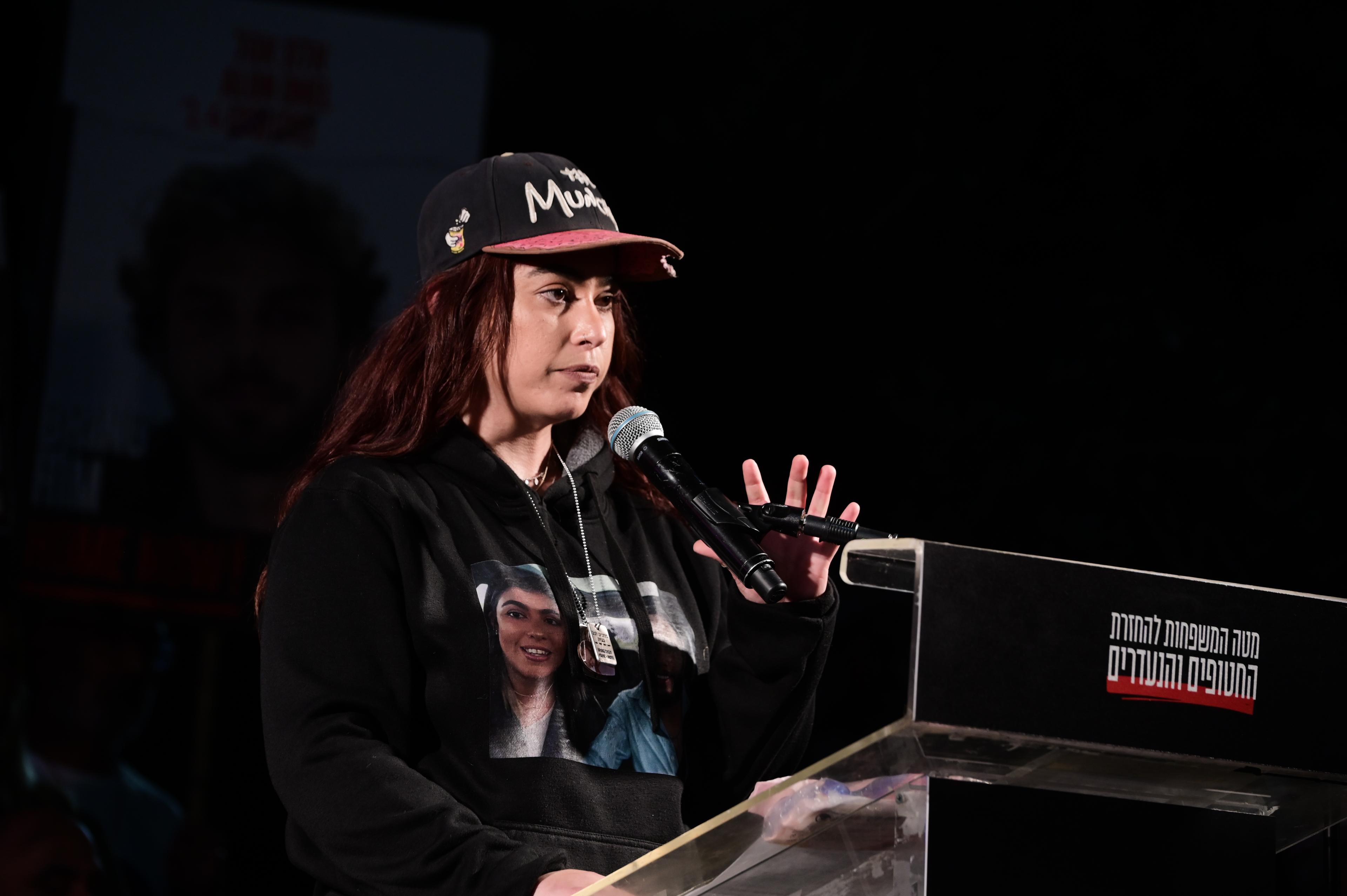 ormer hostage Ilana Gritzewsky speaks during a rally calling for the release of Israelis held hostage by Hamas terrorists in Gaza, at "Hostage Square" in Tel Aviv, March 8, 2025.