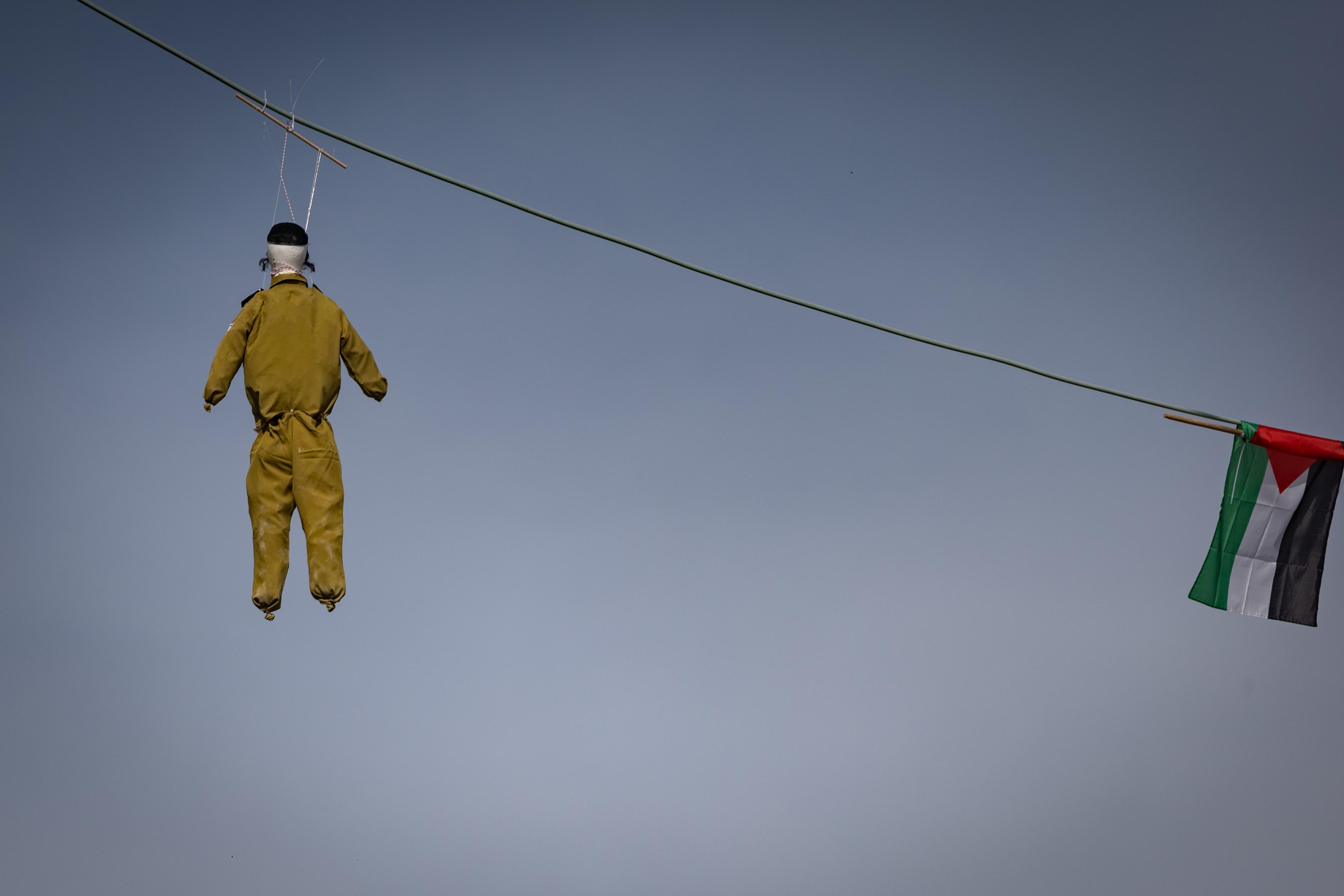 A large doll dressed as an Ultra orthodox jewish soldier that was hang in the ultra-orthodox neighborhood of Mea Shearim, Jerusalem, March 14, 2025.