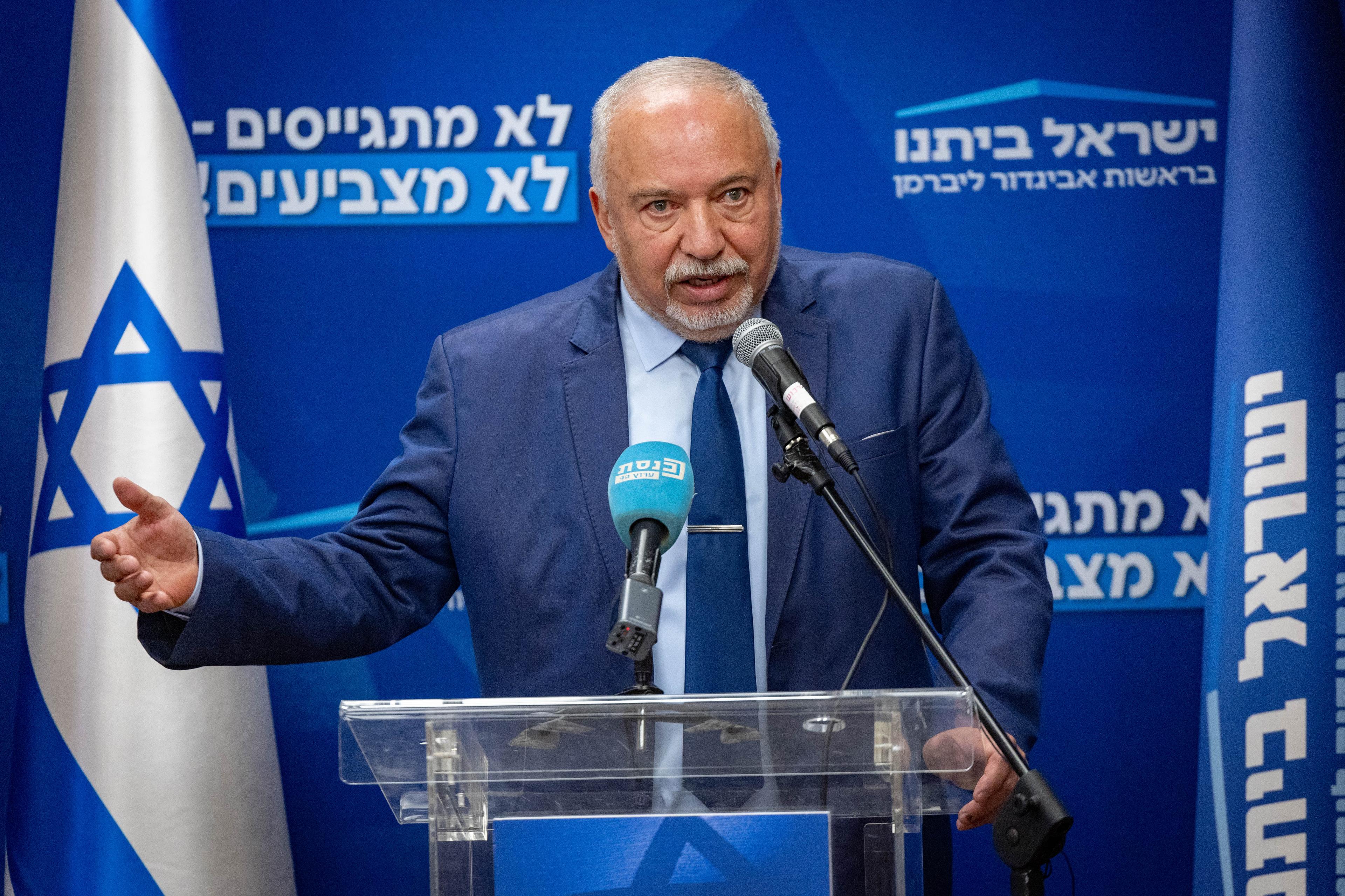 Yisrael Beiteinu party chairman MK Avigdor Lieberman leads a faction meeting at the Knesset, the Israeli parliament in Jerusalem, on February 24, 2025. 