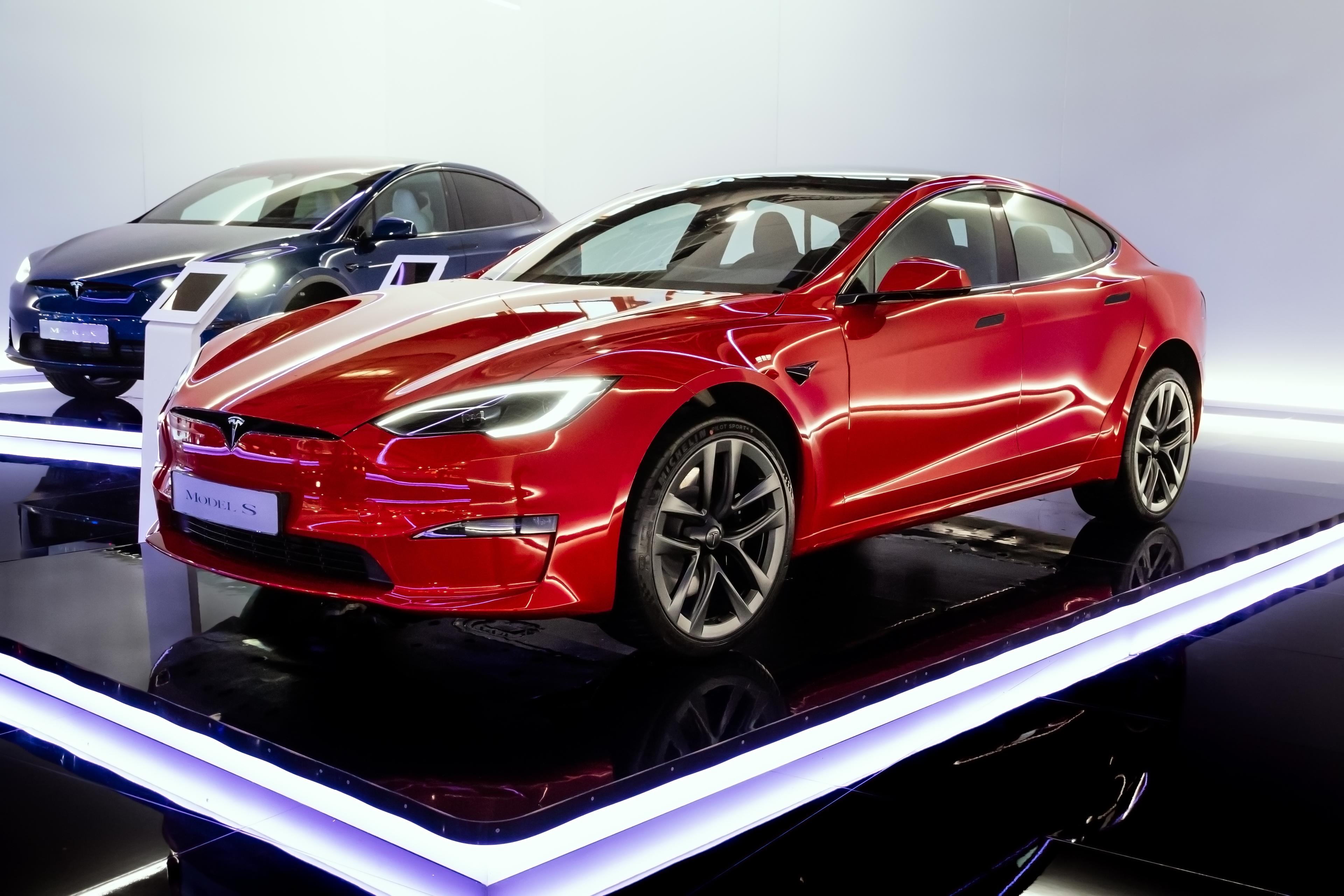 Tesla Model S electric car at the Brussels Autosalon European Motor Show. Brussels, Belgium - January 13, 2023. 