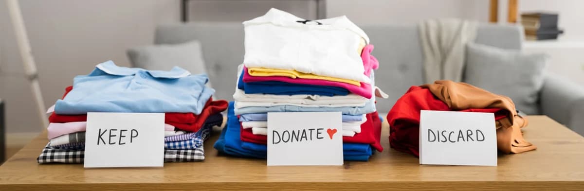 Piles of clothes to keep or discard.