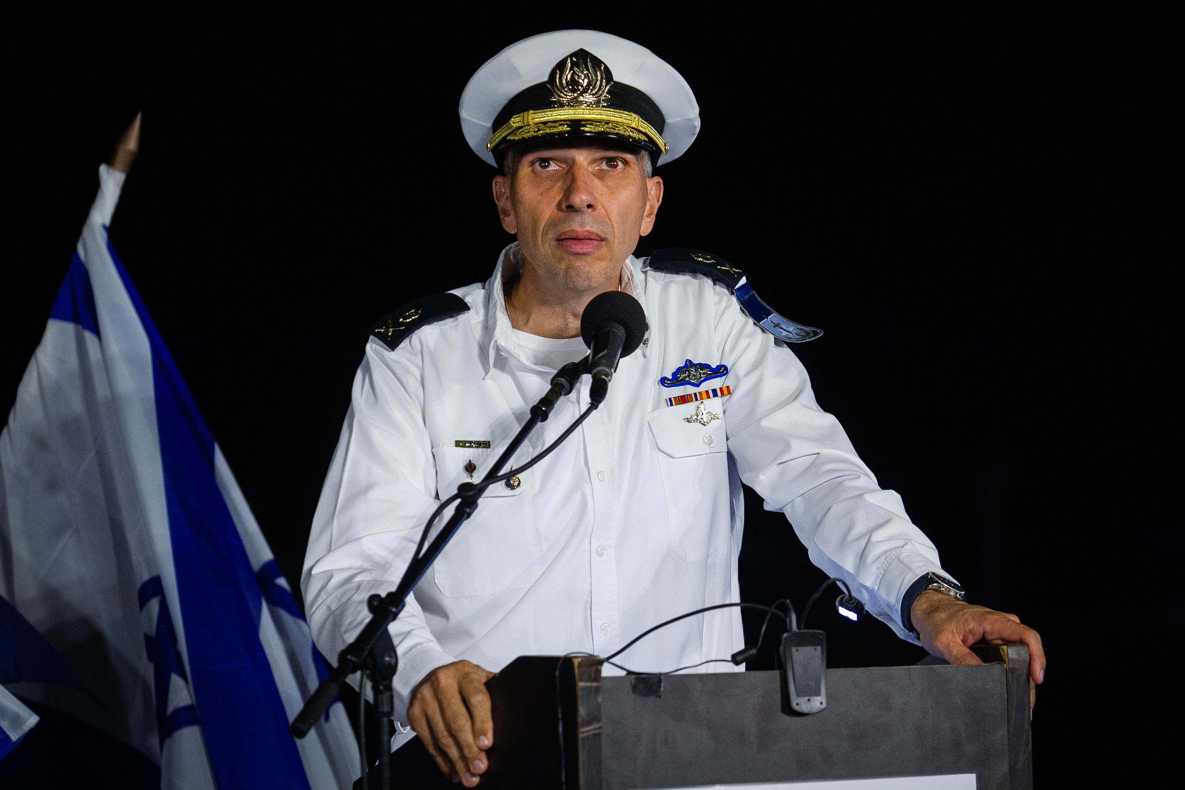 Commander of the Israeli Navy, Vice Admiral Eli Sharvit speaks at a graduating ceremony for new Israel Navy Officers in Haifa Naval Base, Northern Israel on September 4, 2019. 