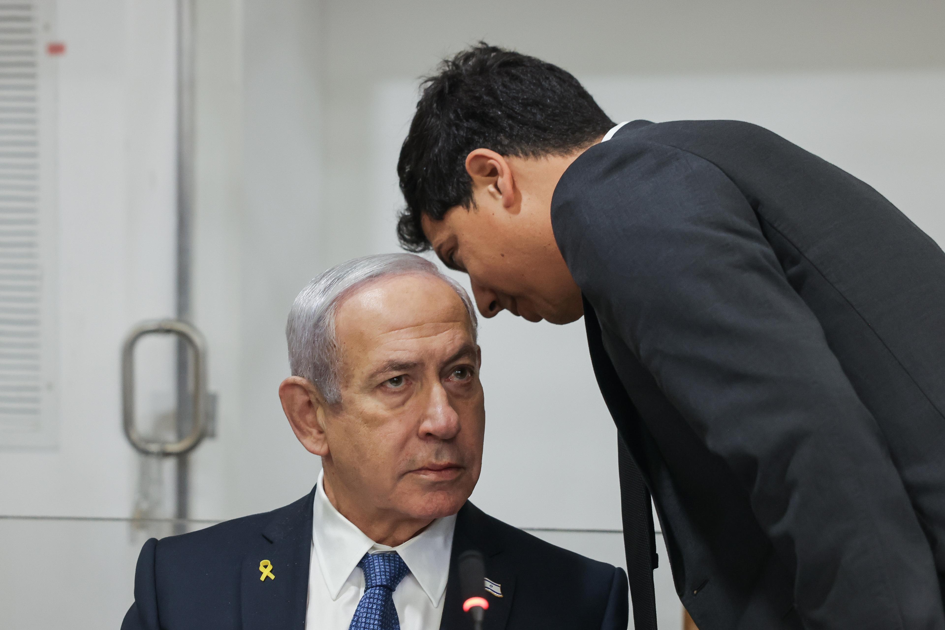 Israeli Prime Minister Benjamin Netanyahu arrives to the courtroom at the Distrcit court in Tel Aviv, before the start of his testimony in the trial against him, March 31, 2025.