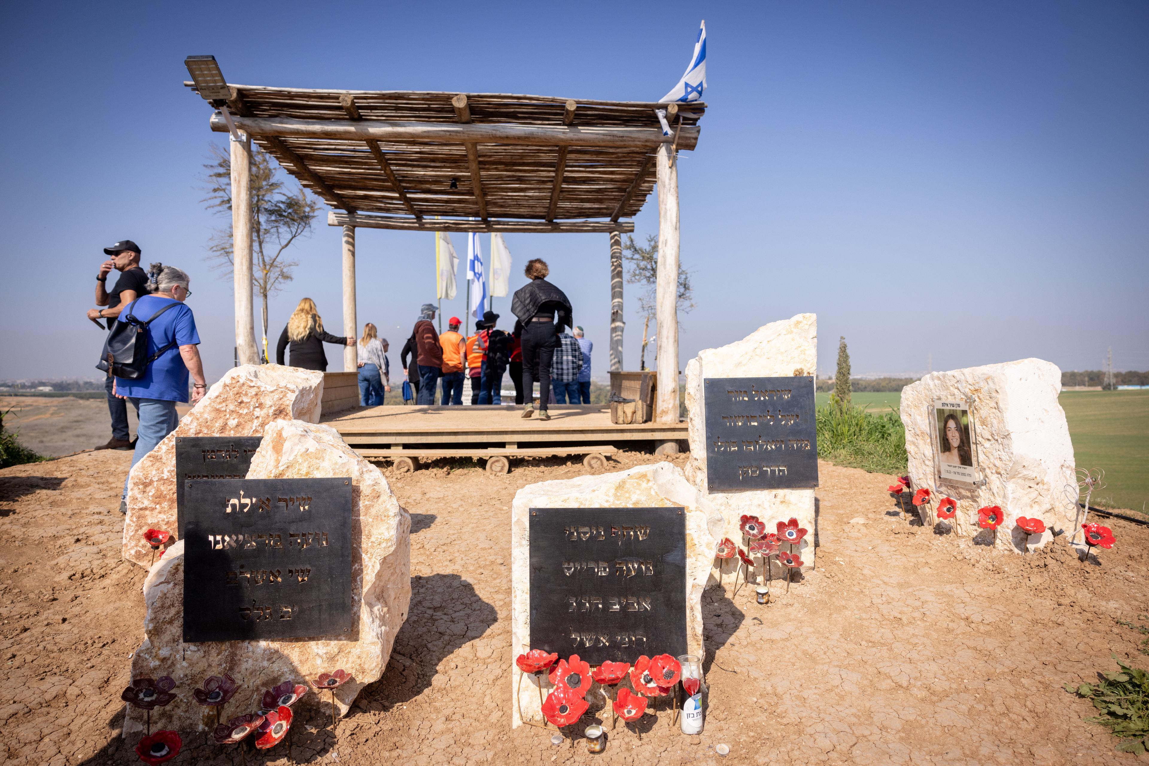 Israeli visit at a memorial site for the Israeli surveillance soldiers from the Nahal Oz military base, southern Israel, who were murdered by Hamas in the October 7 massacre. January 29, 2025. 