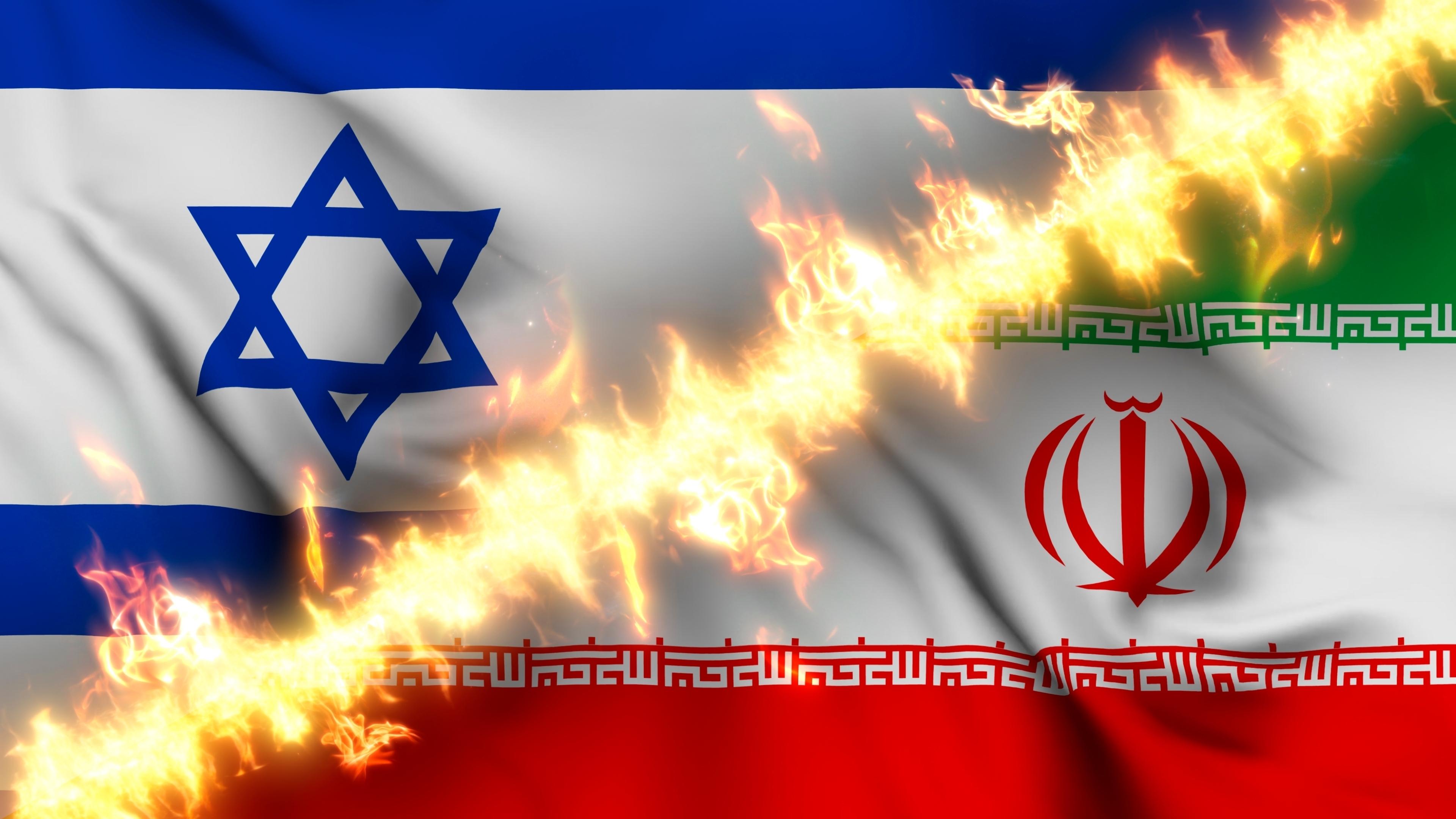 Illustration of a waving flag of Israel and Iran separated by a line of fire. Crossed flags: depiction of strained relations, conflicts and rivalry between the two countries 