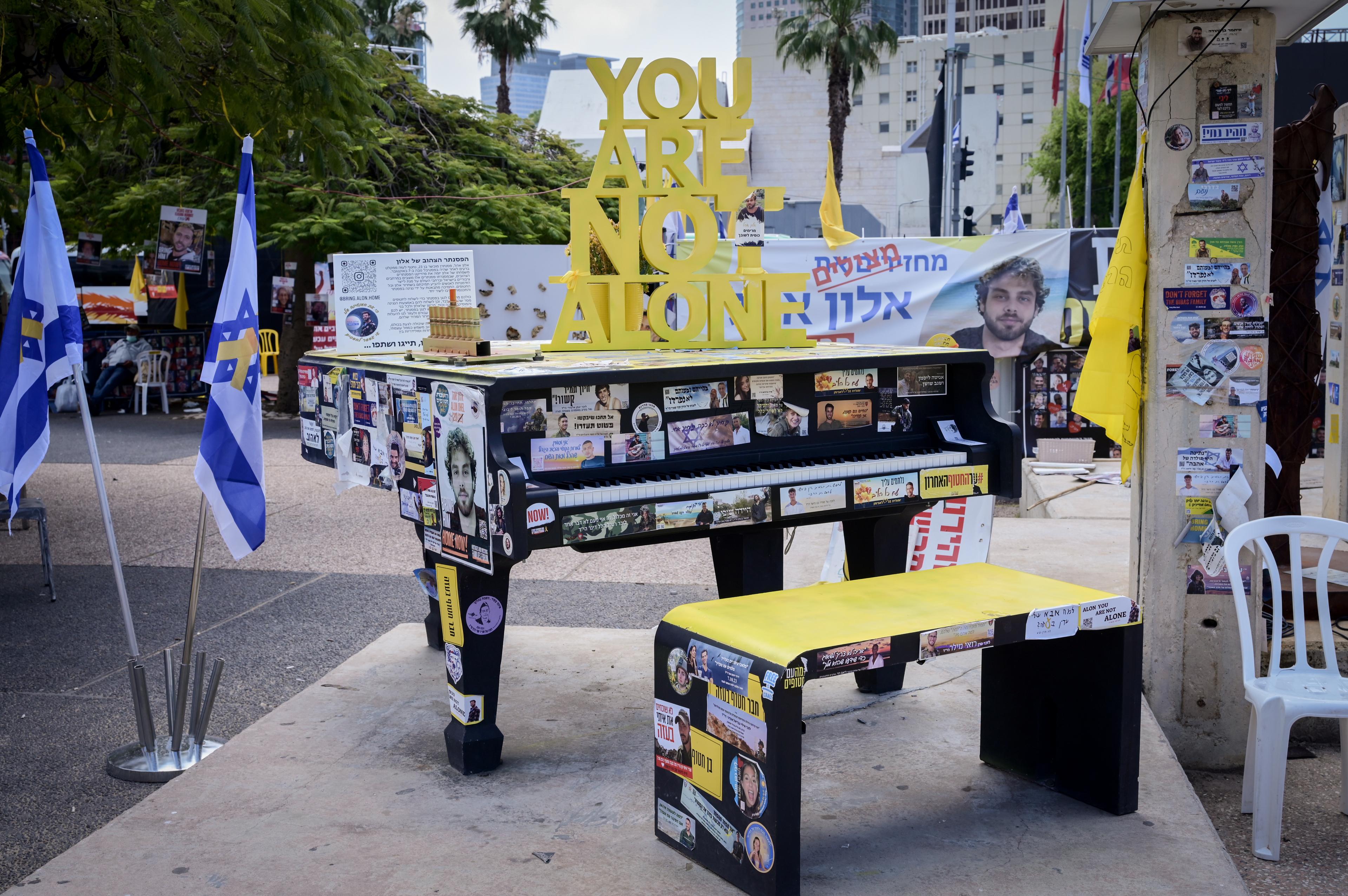 The family of Israeli hostage Alon Ohel hold a press conference at Hostage Square in Tel Aviv on April 28, 2025
