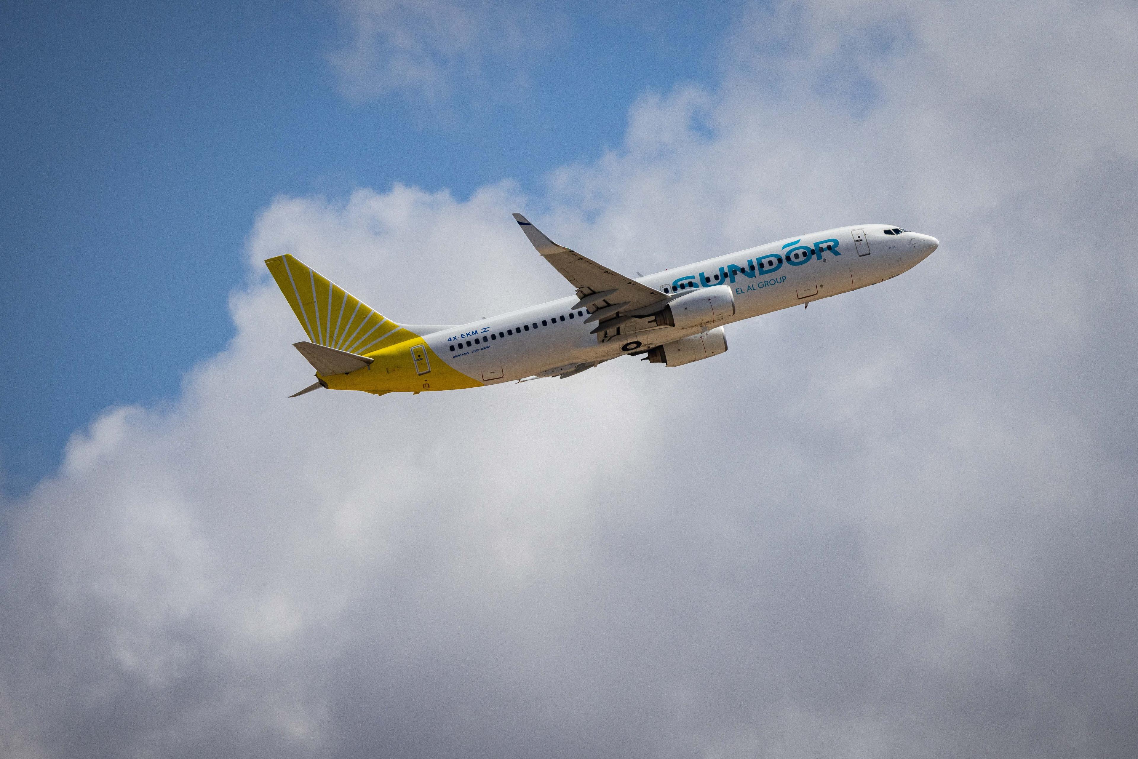 Sundor flight takes off at the Ben Gurion International Airport, outside of Tel Aviv, May 4, 2025.